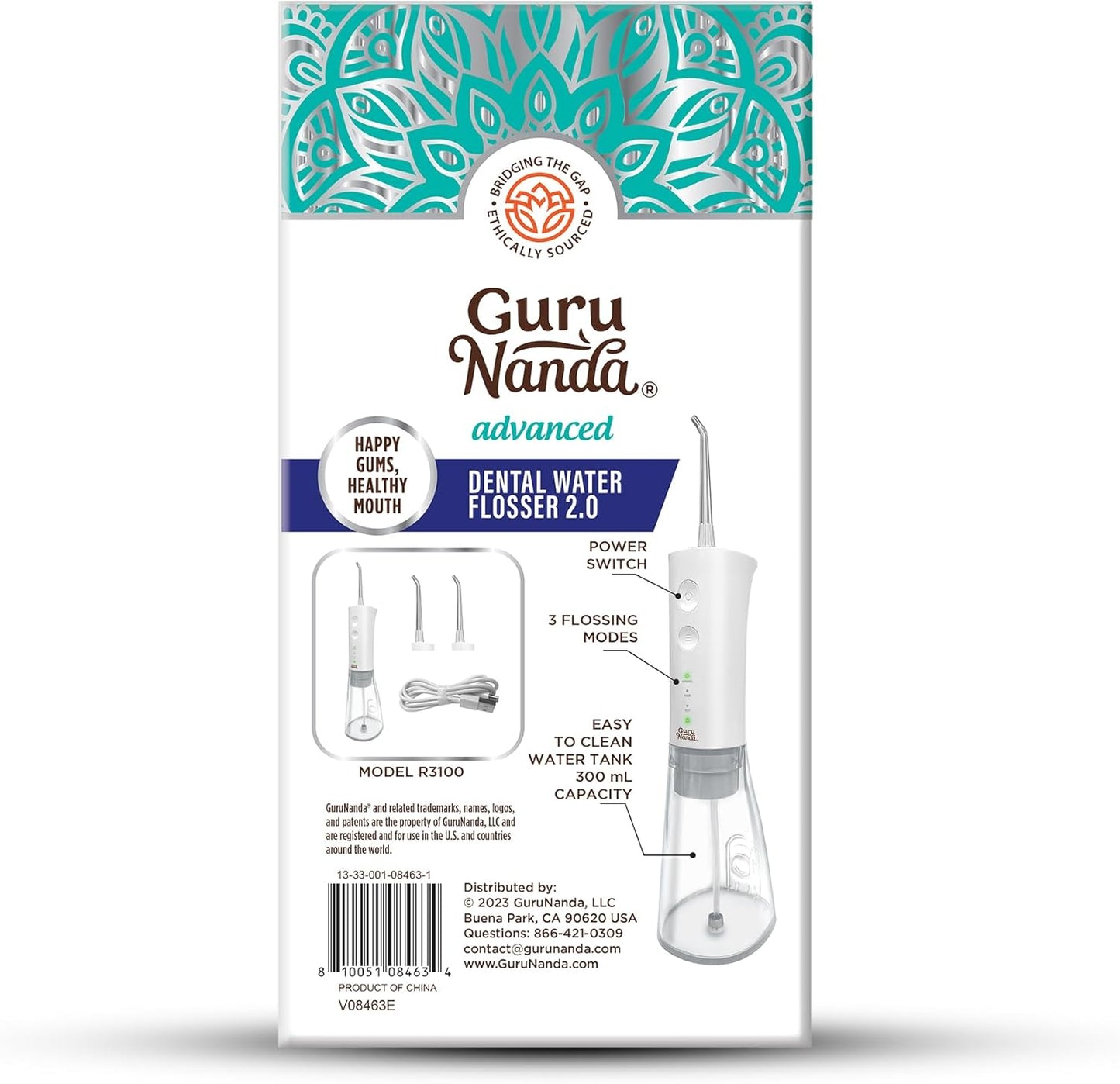 GuruNanda Advanced Dental Water Flosser 2.0 with Replacement Tips, Cordless & Portable, 300 ml Water Tank, 3 Modes, Rechargeable for Healthy Teeth and Gums