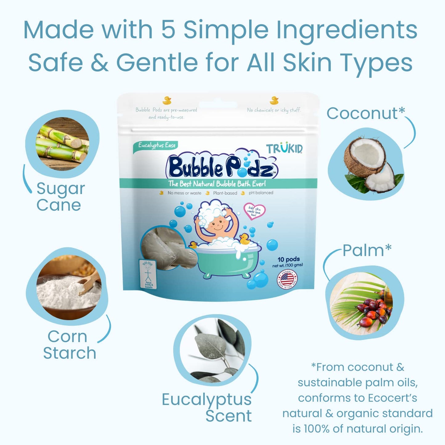 TruKid Bubble Podz Bubble Bath for Kids, Toddlers, & Babies, Tear Free Gentle & Refreshing Bath Bomb for Sensitive Skin with Natural Moisturizers, Non-Toxic, pH Balanced, Eucalyptus Scent (10 Podz)
