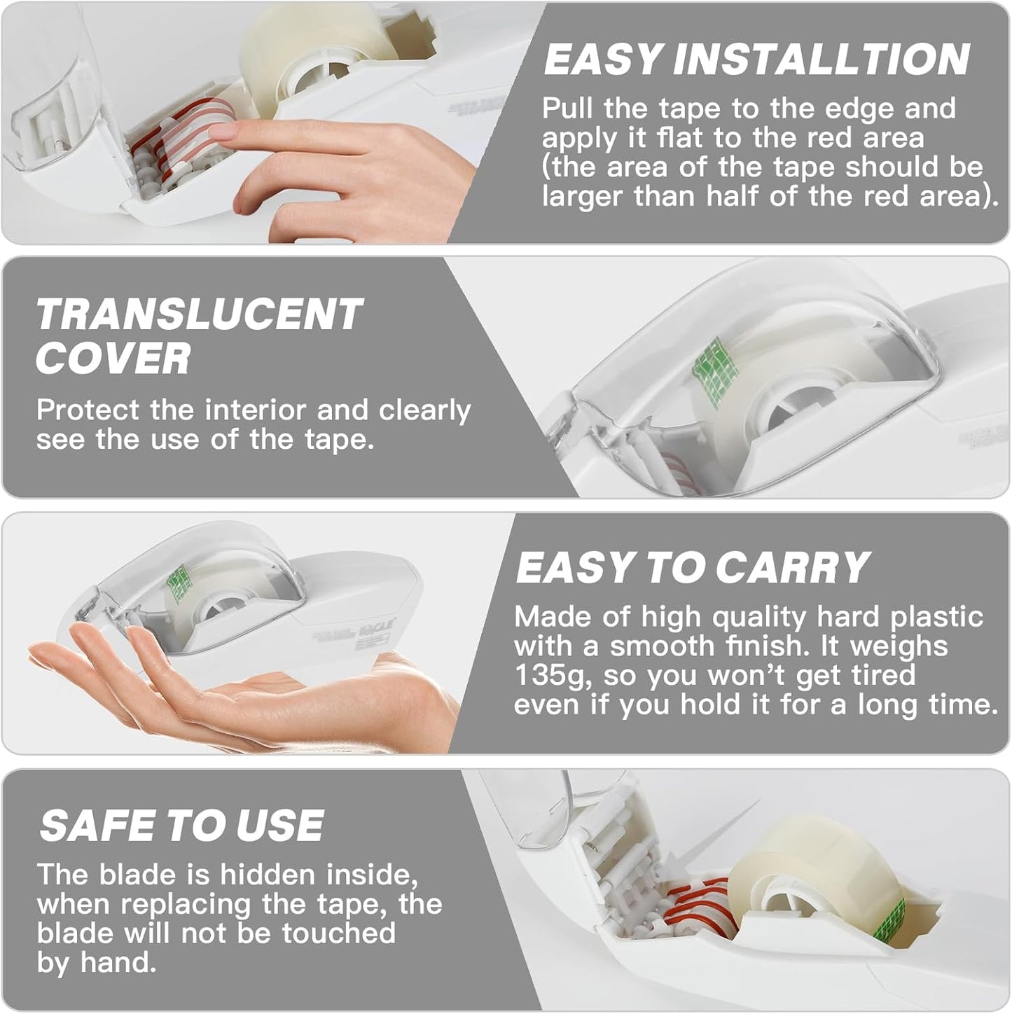 Eagle Automatic Tape Dispenser, Handheld & Portable Design, Office Tape Gun, One-Handed Operation with Safety Blade for Office, Home, DIY or Packaging (Includes 2 Free Tapes)(Snowy White)