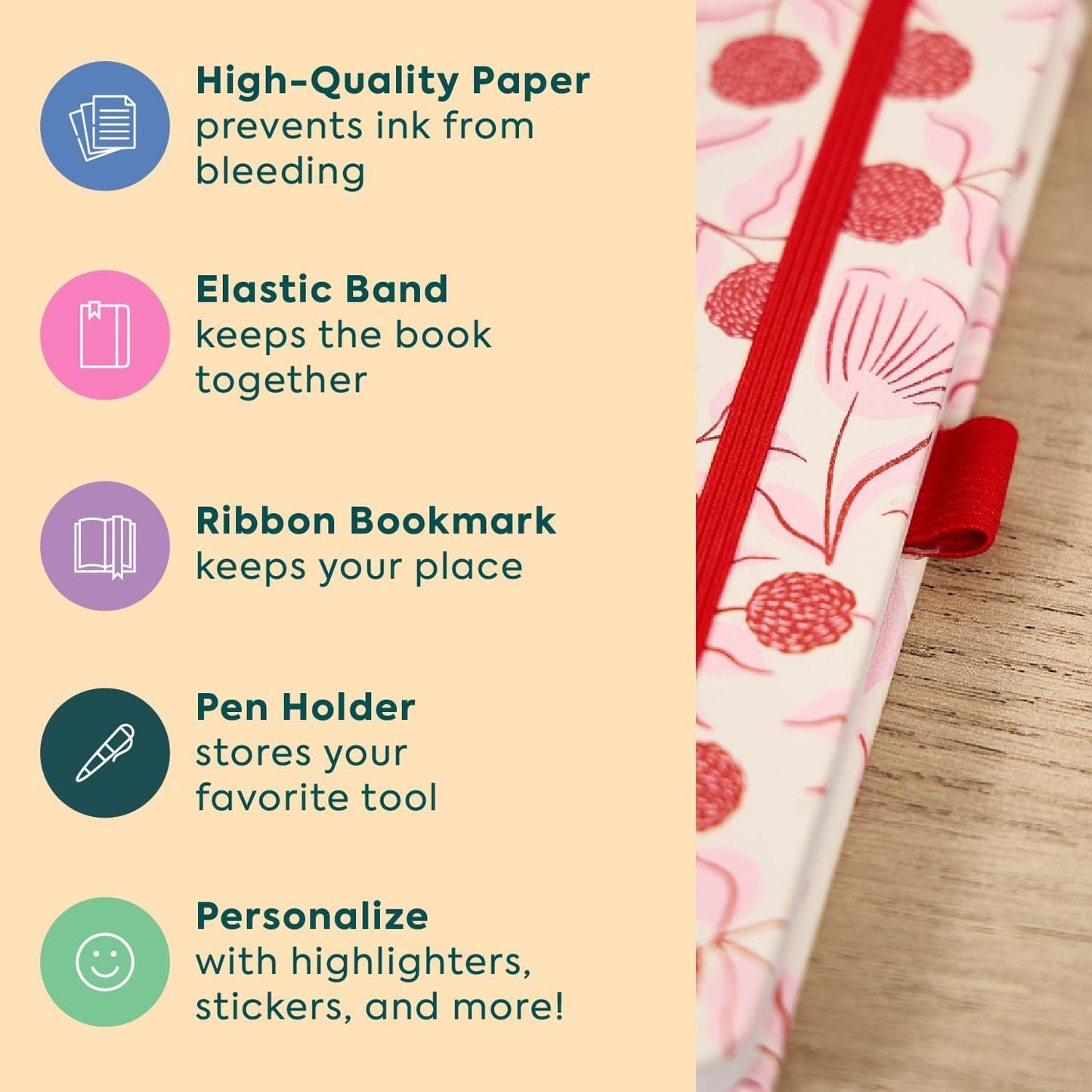 Happy Planner Small Undated Book-Bound Journal with 80 Pages of Thick 100 GSM Paper, A5 Size, Dot-Lined Layout, Feathered Floral