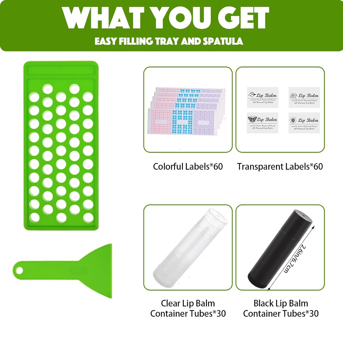 Lip Balm Tubes with Filling Tray and Spatula, 60 Empty Lip Balms Containers with Caps (Clear+Black), 60 Writeable and 60 Printed Stickers, BPA Free, Make Natural Lip Balm Kit for DIY