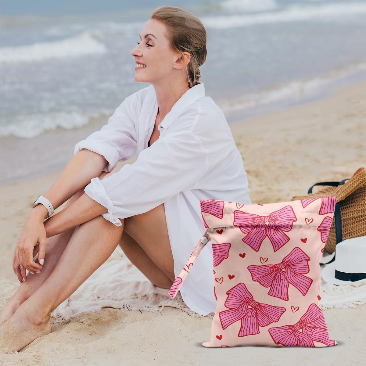 Pink Bow Wet Bags 12x10 Inch, Heart Waterproof Reusable Wet Dry Bags, Bow Tie Washable Travel Laundry Bag for Swimsuit Pool Beach Diapers Dirty Yoga Gym Clothes, Pink Gifts for Women Friend Travelers