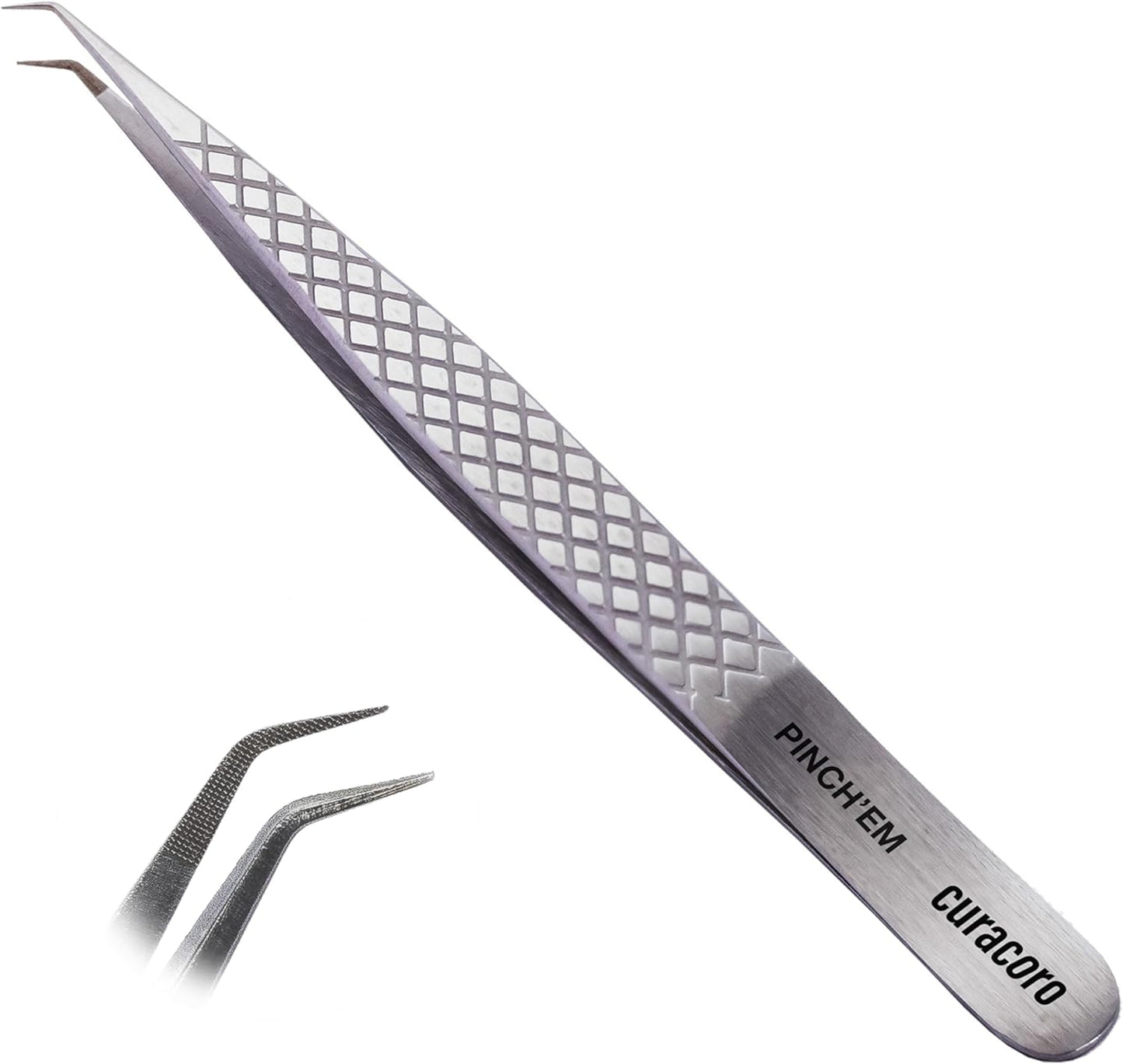 Curacoro Lash Tweezer - Professional & Precision Fiber Tip Grip Lash Tweezers for Eyelash Extensions, Multi Shapes & Purposes Tweezers for Volume, Isolation & Classic Lashes (Silver, Pinch'em)