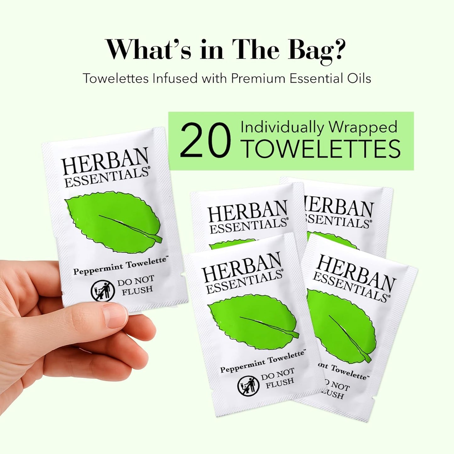 Herban Essentials - Peppermint Wipes & Towelettes - Essential Oil Wipes for Hands & Body - Travel Size Essentials and Toiletries - Natural, Individually Wrapped, Disposable & Moist Refresh (20 count)
