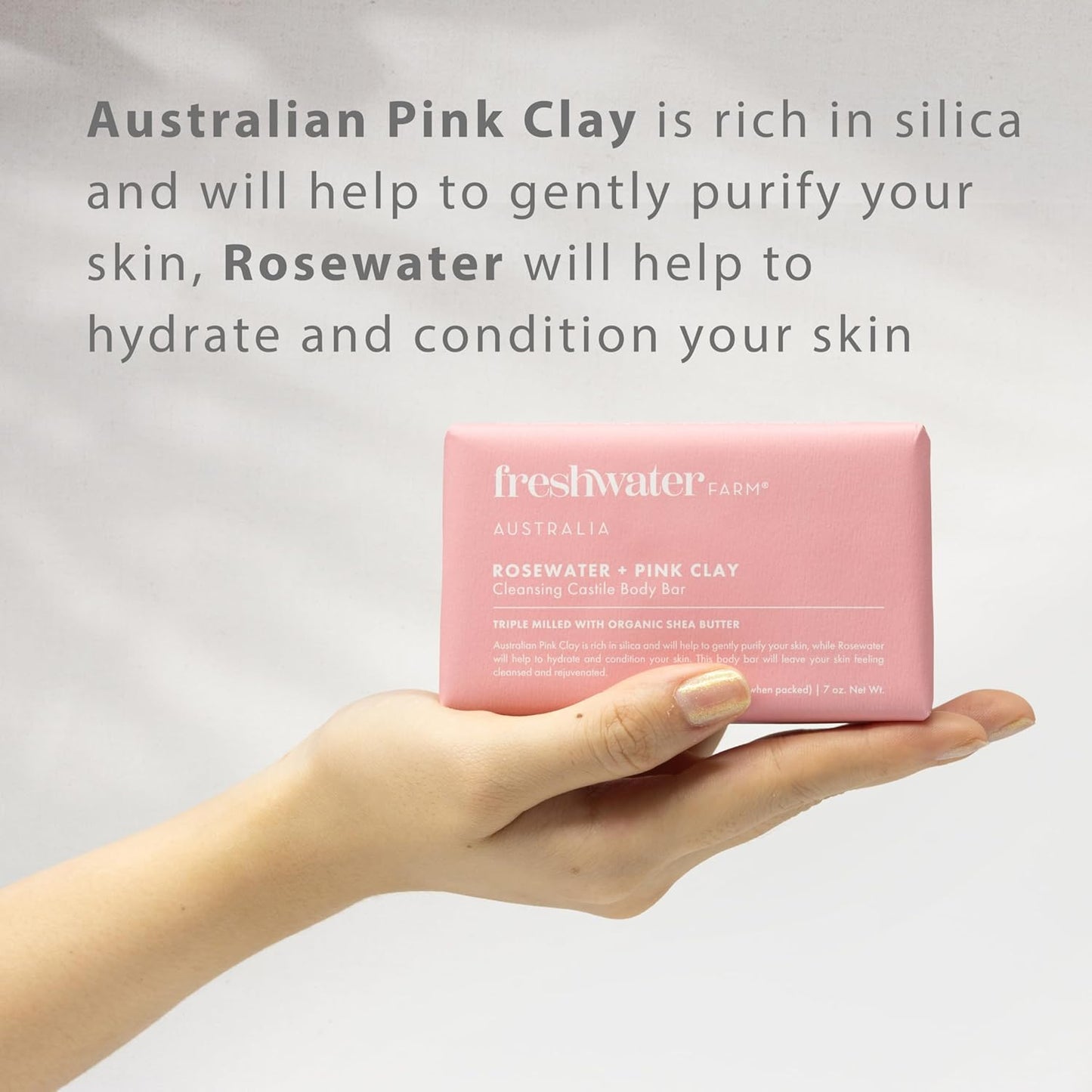 Castile Natural Bar Soap | Rosewater + Pink Clay | Australian Made + Family Owned | Triple-Milled with Australian Pink Clay | Recyclable Paper Wrap | 200g x 8pk