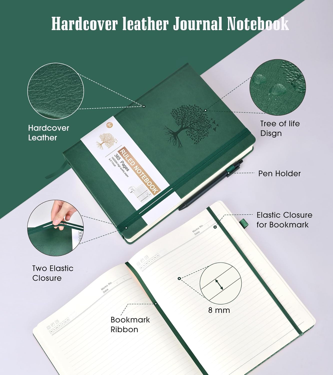 Lined Journal Notebook, 365 Pages A4 Large Journals for Writing Ruled Notebook, Hardcover Leather Journal for Women Men, Daily Journal Notebook for Work, Note Taking, 100Gsm Thick Paper ( 8.5" x 11" Green)