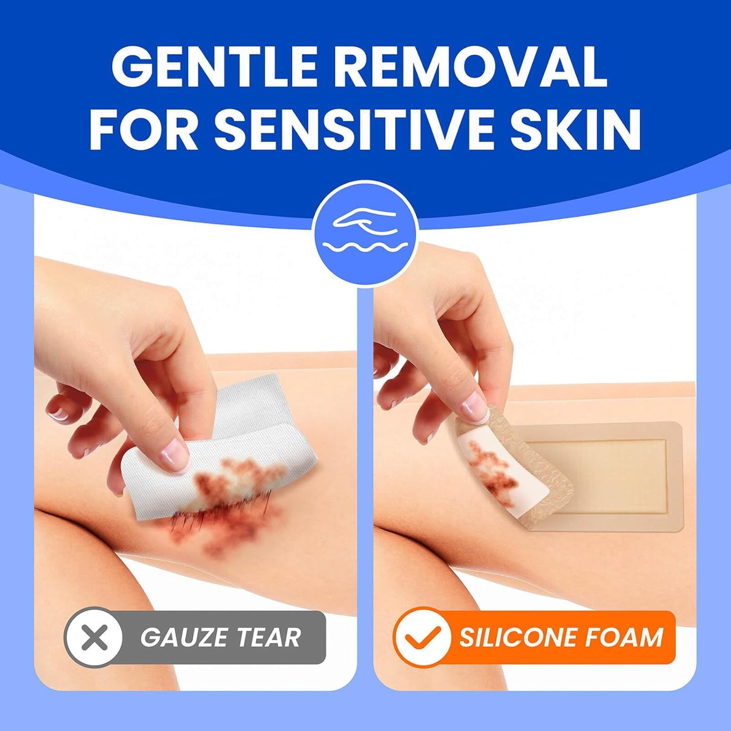 Large Waterproof Bandages 4x8 Silicone Foam Dressing for Sensitive Skin Wound Care, Adhesive Cohesive Pad with Border for First Aid, Post Surgical and Burn, Pressure, Scar Healing (5 PCS)