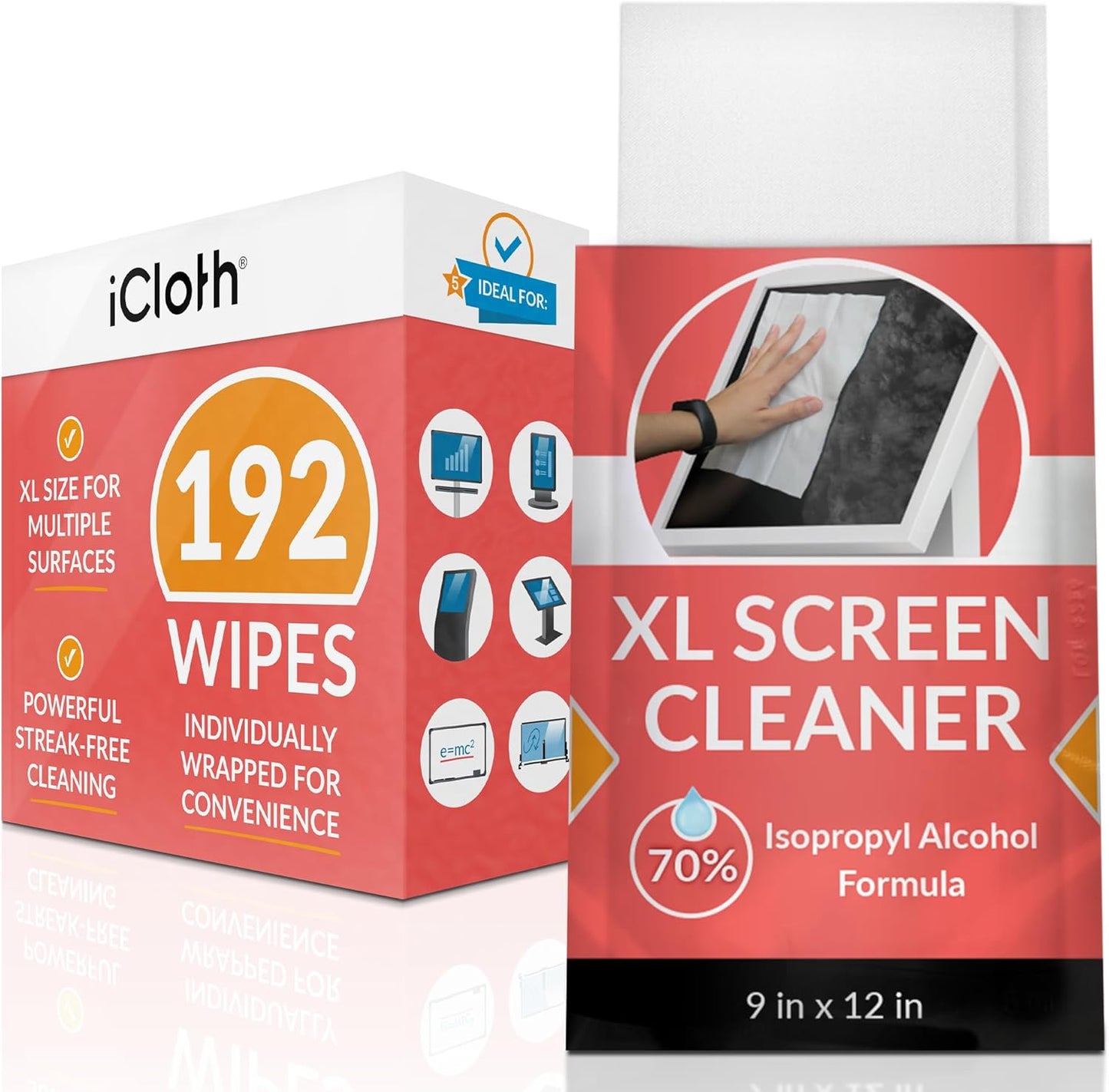iCloth 70% Isopropyl Alcohol XL Screen and Electronics Wipes, Lint-Free, Streak-Free, Fast-Drying, Removes Dust and Fingerprints, 192 Wipes