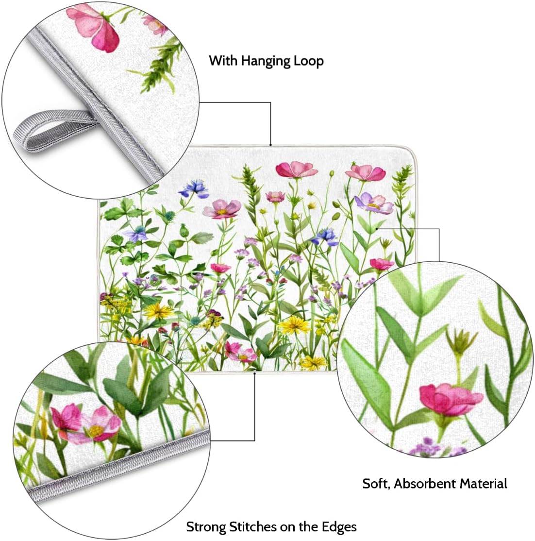 Hexteria Colorful Flowers Dish Drying Mats for Kitchen Counter 16 X 18 Inch Spring Floral Microfiber Dish Mat, Dish Drainer Mats for Countertops, Wildflower