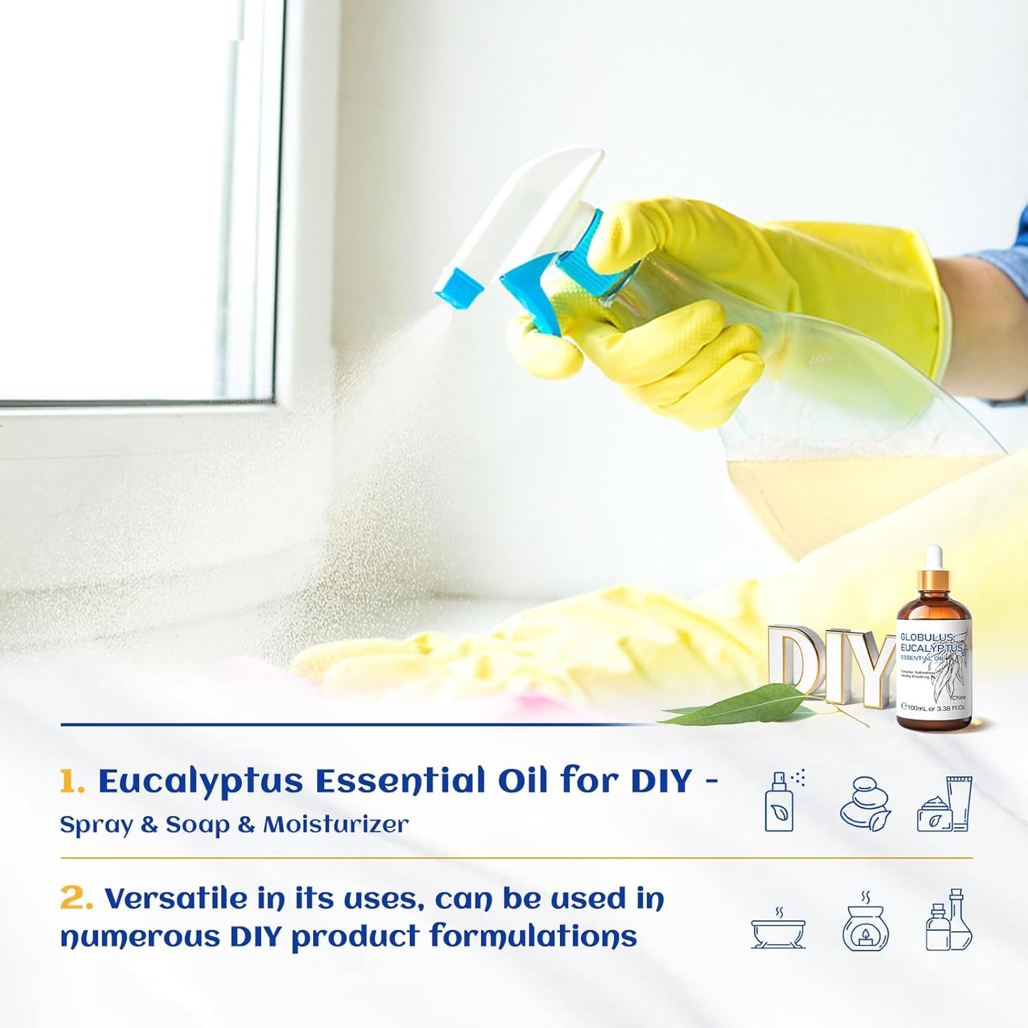 HIQILI 100ML Eucalyptus Essential Oil for Spray, Diffuser & Skin, 100% Pure Undiluted - 3.38 Fl Oz