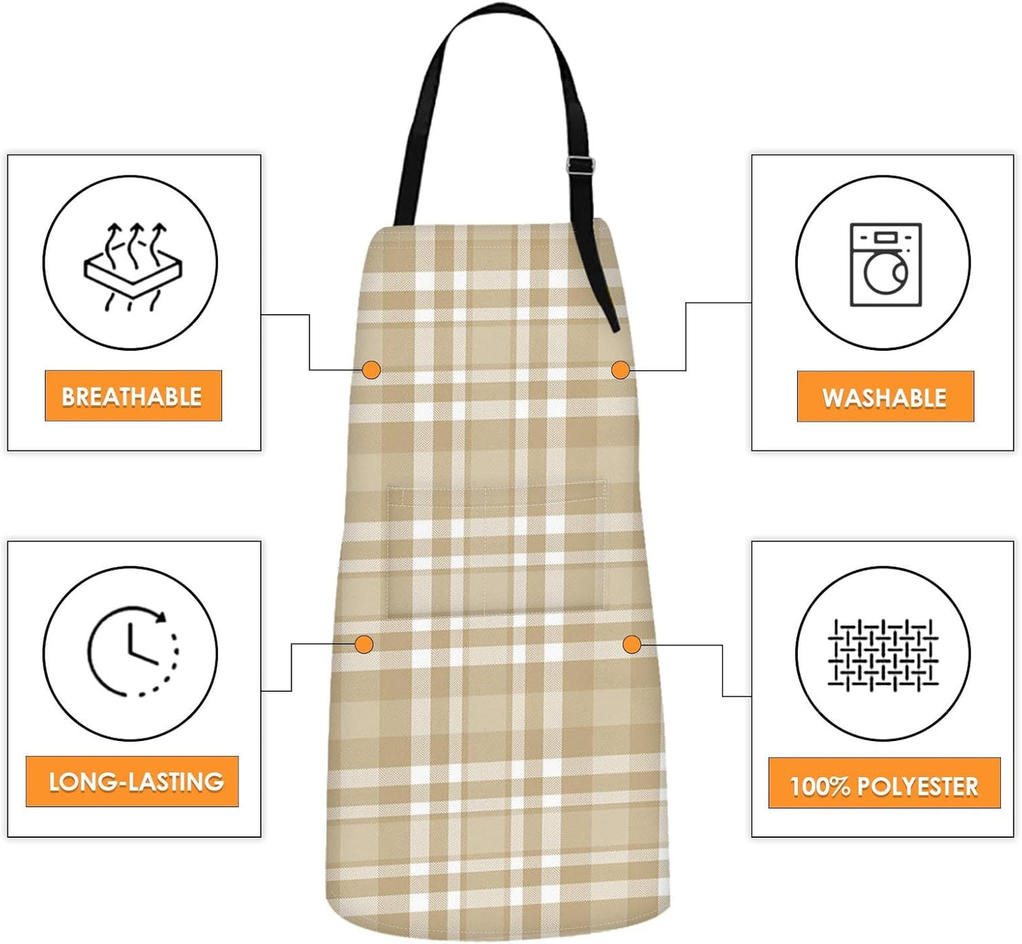 Britimes 2 Pack Aprons, Plaid Check Tartan Adjustable Bib Aprons with 2 Pockets for Women Men Couple Lovers Chef Home Kitchen Cooking Baking Gardening Champagne Khaki Brown Apron 32x28 Inches