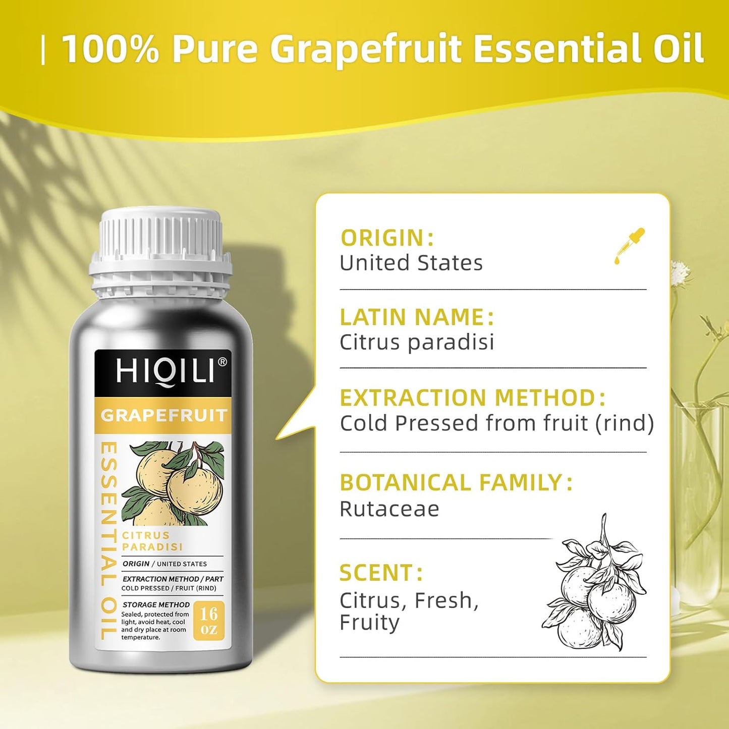 HIQILI 16 Fl Oz Grapefruit Essential Oil, for Diffuser, Skin Care, 100% Pure and Natural