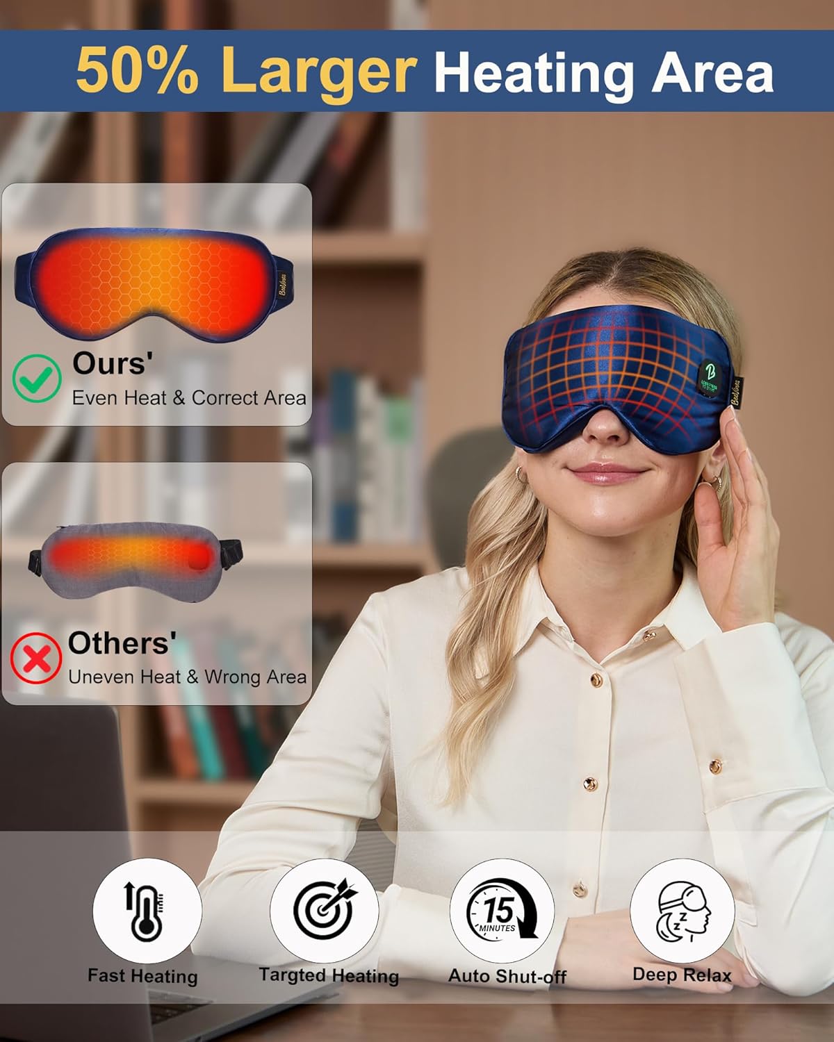 BeeVines Cordless Heated Eye Mask, Warm Compress for Dry Eyes, Light Blocking Heat Eye Masks for Women Men, Rechargeable Soft Heating Pad with Travel Pouch & Washable Cover(Blue)