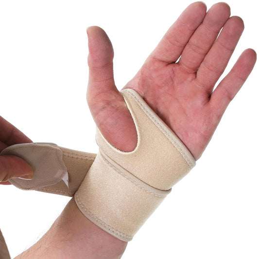 NeoTech Care Wrist Band - Elastic & Breathable Fabric - Adjustable Compression Strap - Men, Women, Right or Left - Support Wrap for Protection or Sports (Beige Color, Size M, 1 Unit)