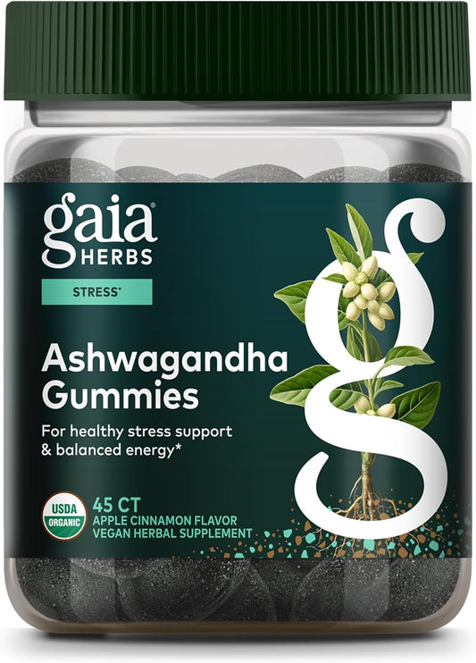 Gaia Herbs Organic Ashwagandha Gummies, Stress Support, Cinnamon, Ginger, Gluten Free, Vegan, 45 Count