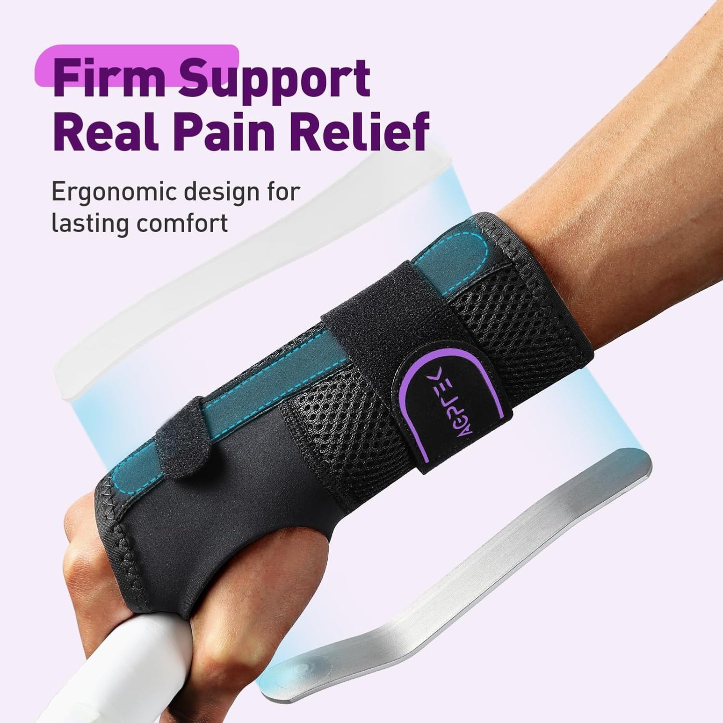 AGPTEK Carpal Tunnel Wrist Brace for Men Women, Night Sleeping Wrist Support with 2 Splints, Pain Relief Hand Brace for Arthritis Sprains Tendonitis, Adjustable Wrist Splint for Right Hand (L/XL, Black & Purple)