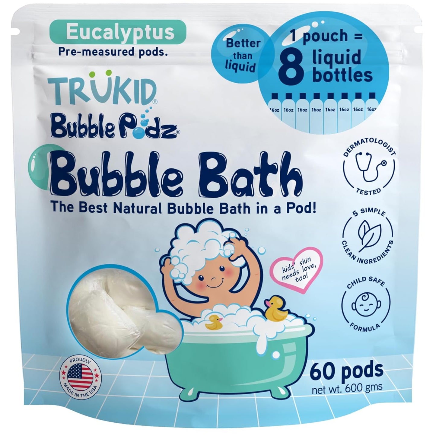 TruKid Bubble Podz Bubble Bath for Kids, Toddlers, & Babies, Tear Free Gentle & Refreshing Bath Bomb for Sensitive Skin with Natural Moisturizers, Non-Toxic, pH Balanced, Eucalyptus Scent (60 Podz)