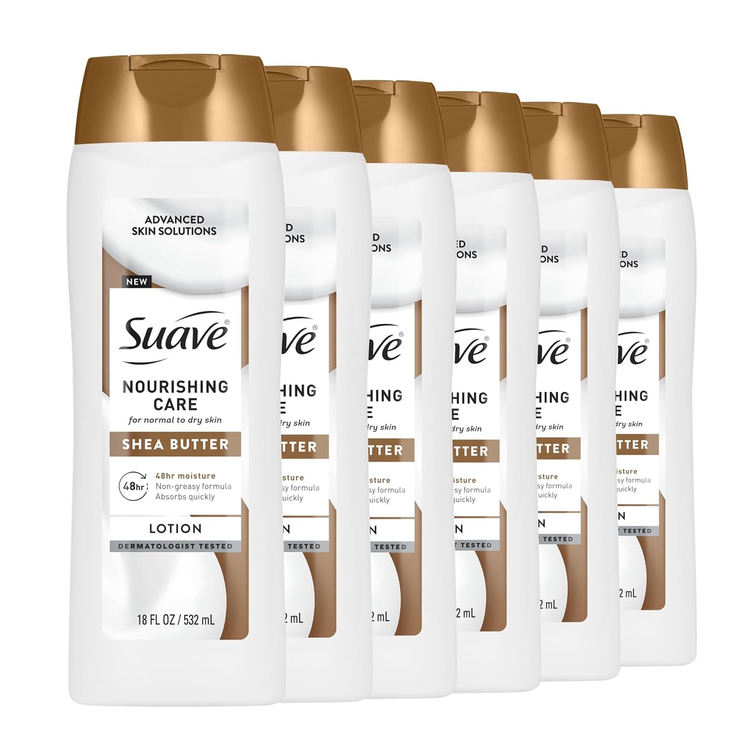 Suave Nourishing Care Hand & Body Lotion with Shea Butter for Women, Deep Moisture for Dry Skin, Fast Absorbing, Allergen Free Moisturizing Cream, 18FL OZ, 6 Pack