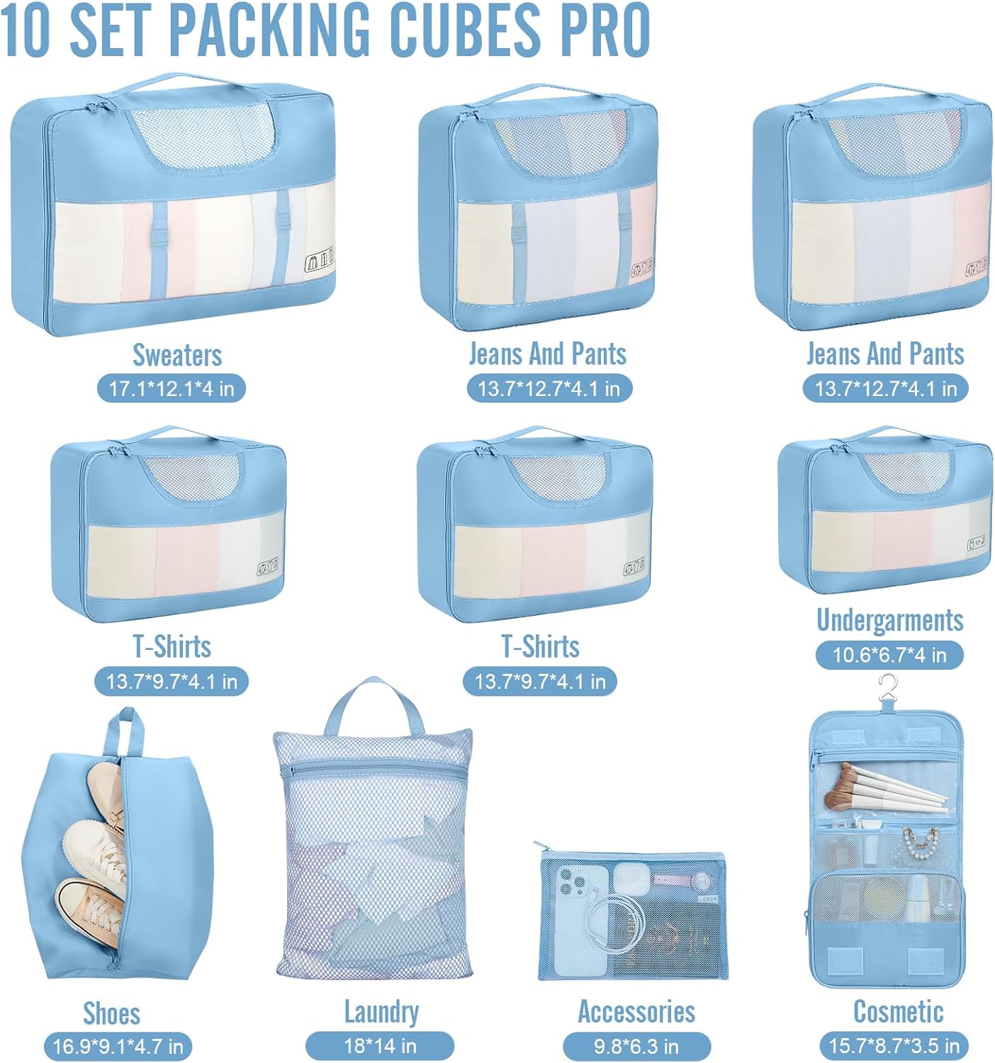 Veken 10 Set Packing Cubes for Travel Essential, Suitcase Organizer Bags in 4 Sizes, Carry-On Luggage Accessories with Large Laundry & Hanging Toiletry Bag, Must-Have for Airplane, Road Trip & Camping