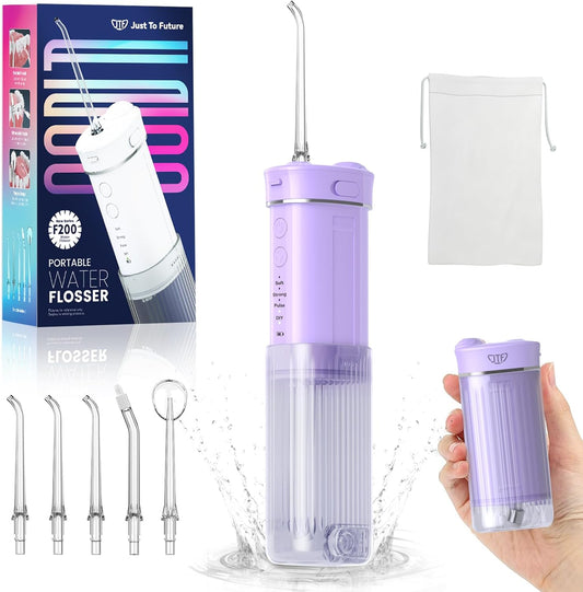 Portable Travel Water Flosser, Water Teeth Cleaner Pick,Mini Portable Oral Irrigator, Telescopic Water Tank, 5 Nozzles, IPX7 Waterproof, Cordless Water Flosser for Teeth, Gums
