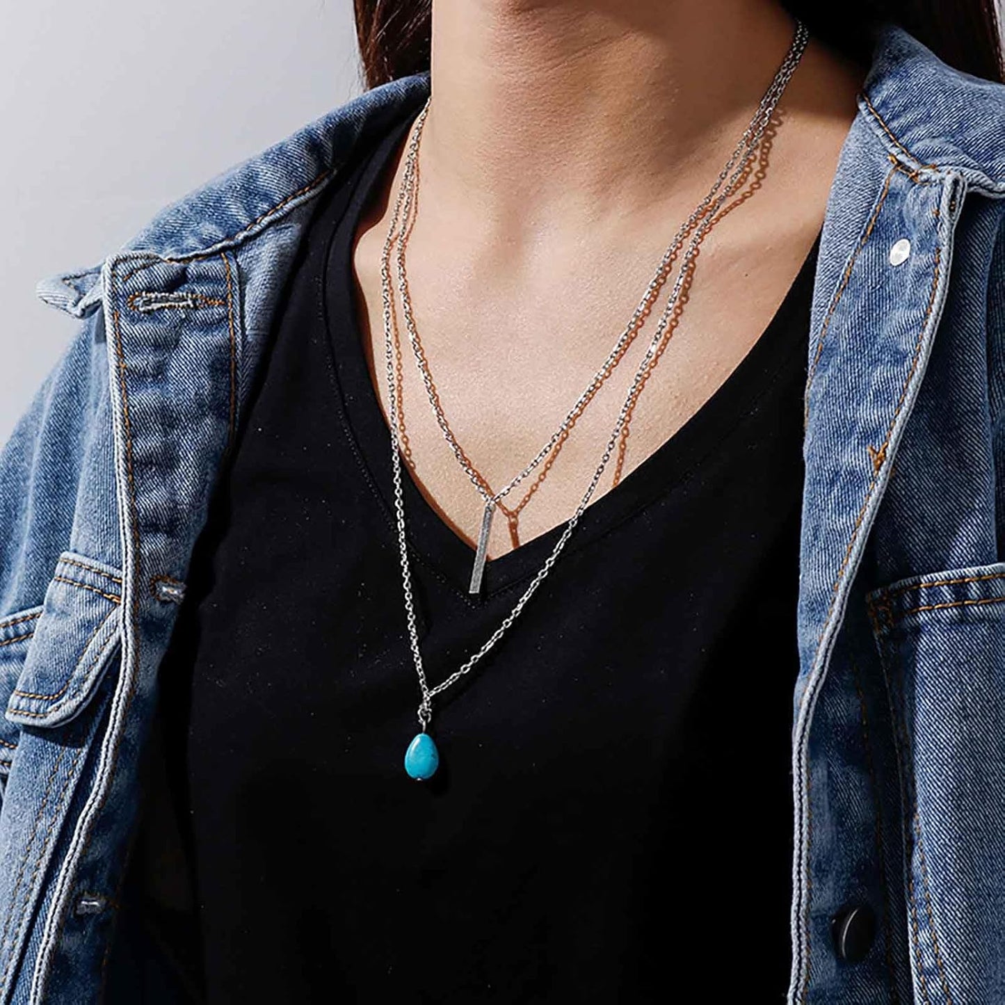 Boho Teardrop Turquoise Neckalce Layered Turquoise Pendant Neckalce Gold Bar Pendant Necklace Vintage Layering Turquoise Water drop Necklace Jewelry for Women and Girls