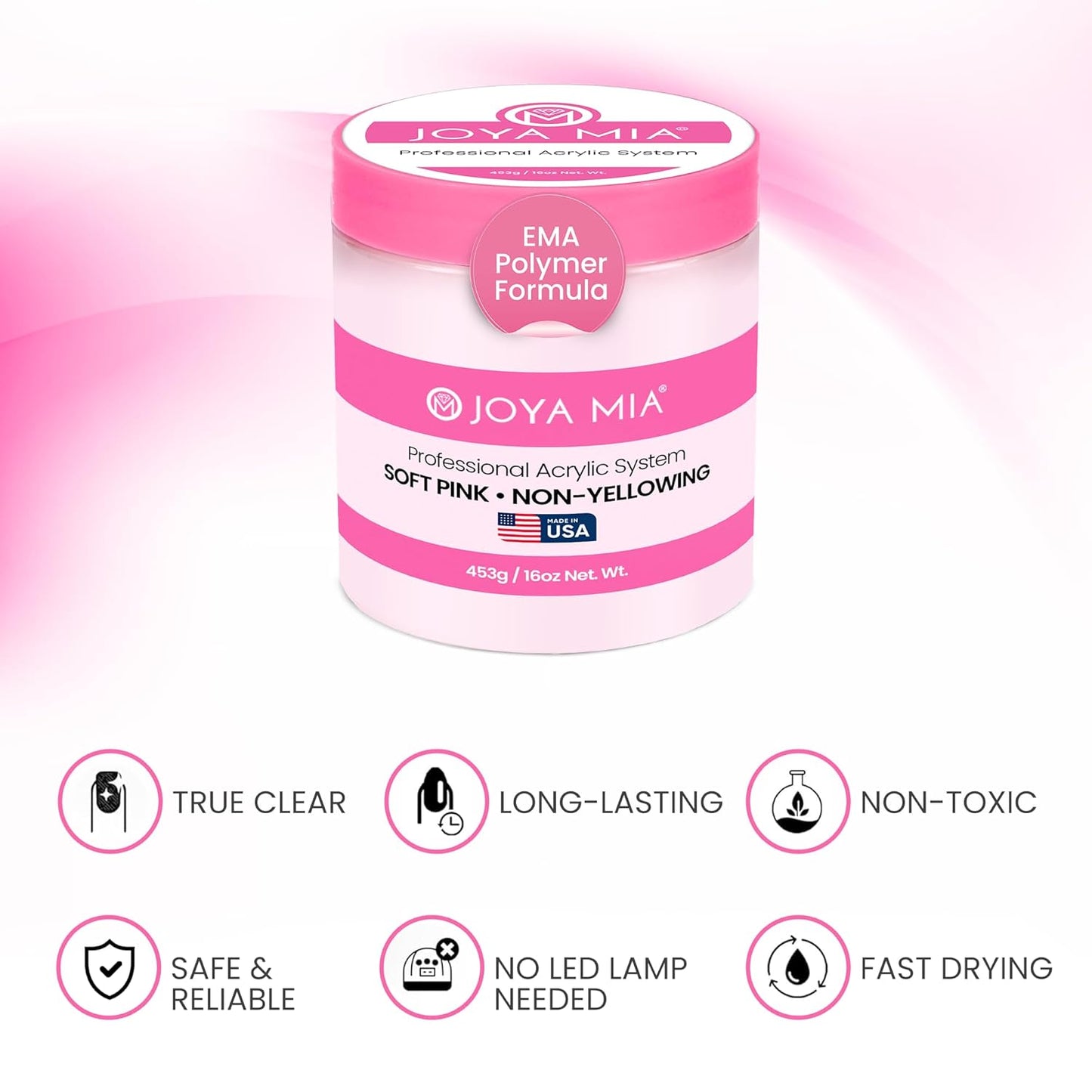 Joya Mia Acrylic Powder for Nails, MMA-Free, Super Adhesion Professional Powder for Flawless & Long-Lasting Nail Enhancements, Easy Application, Vibrant & Stunning Colors - Soft Pink, 16 oz
