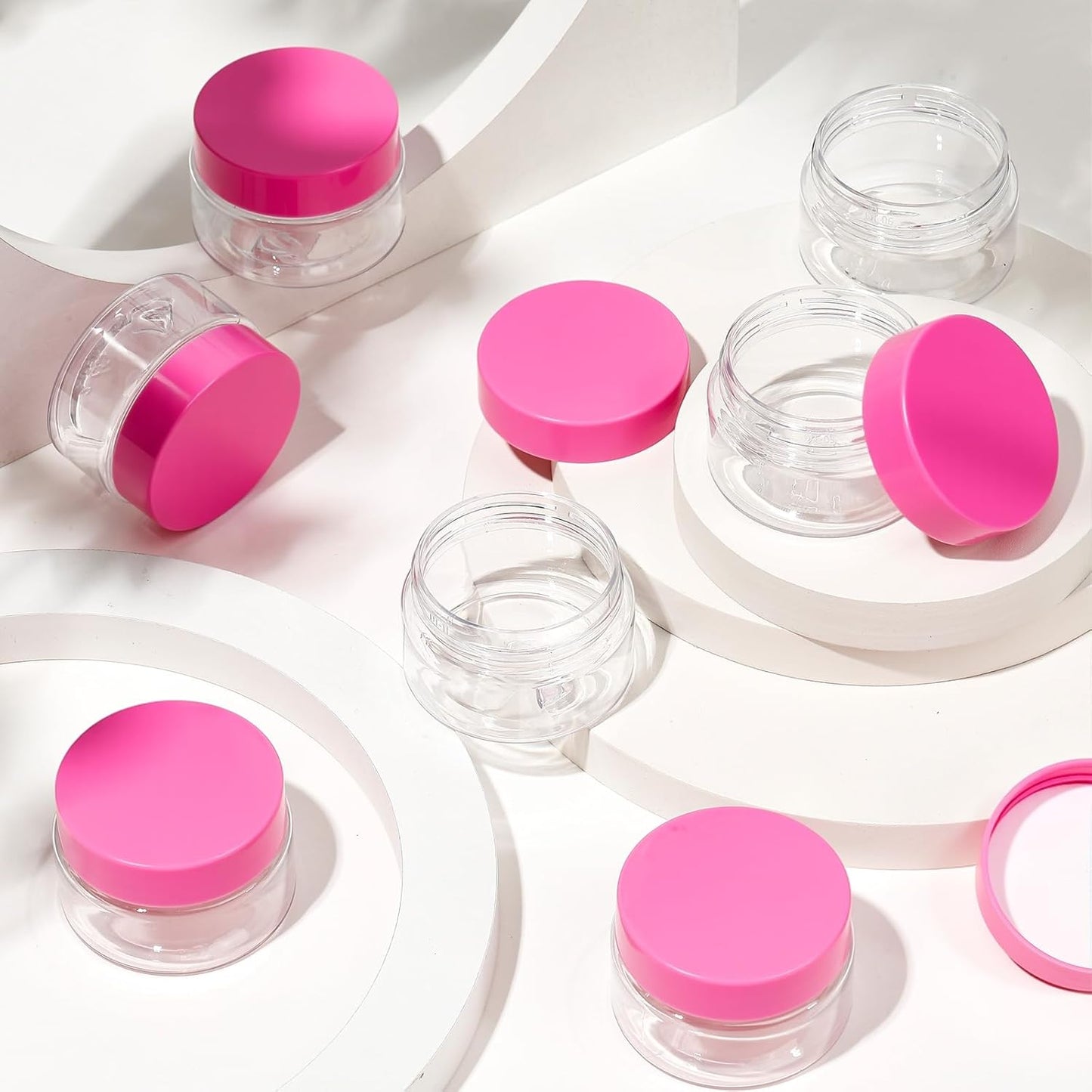 SATINIOR 24 Pieces Empty Clear Plastic Jars with Lids Round Storage Containers Wide Mouth for Beauty Product Cosmetic Cream Lotion Liquid Butter Craft and Food(Pink Lid,1 oz)