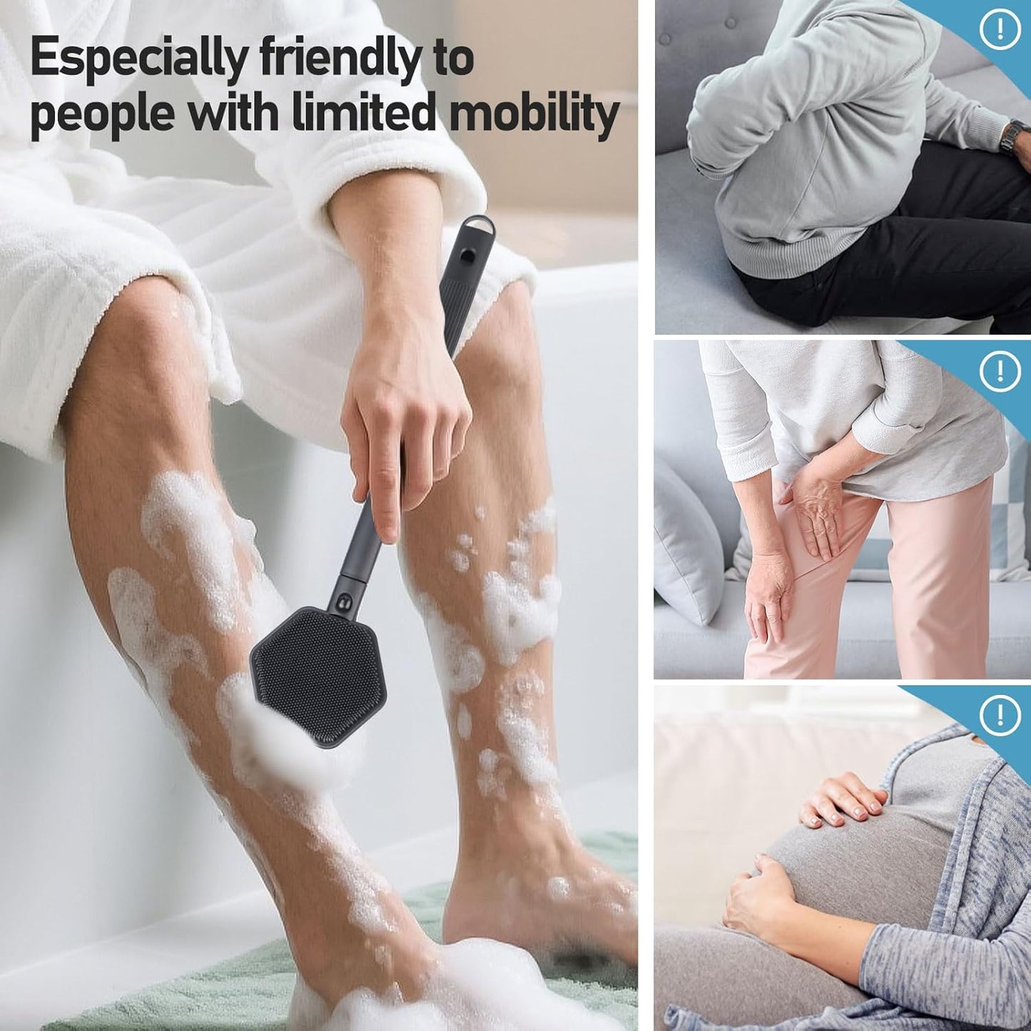 21 Inches Silicone Back Scrubber for Shower - Extendable Shower Brush Long Handle with Stiff and Soft Bristles -Loofah Alternative- Body Exfoliator for Bath or Dry Brush,Men & Woman (Black)