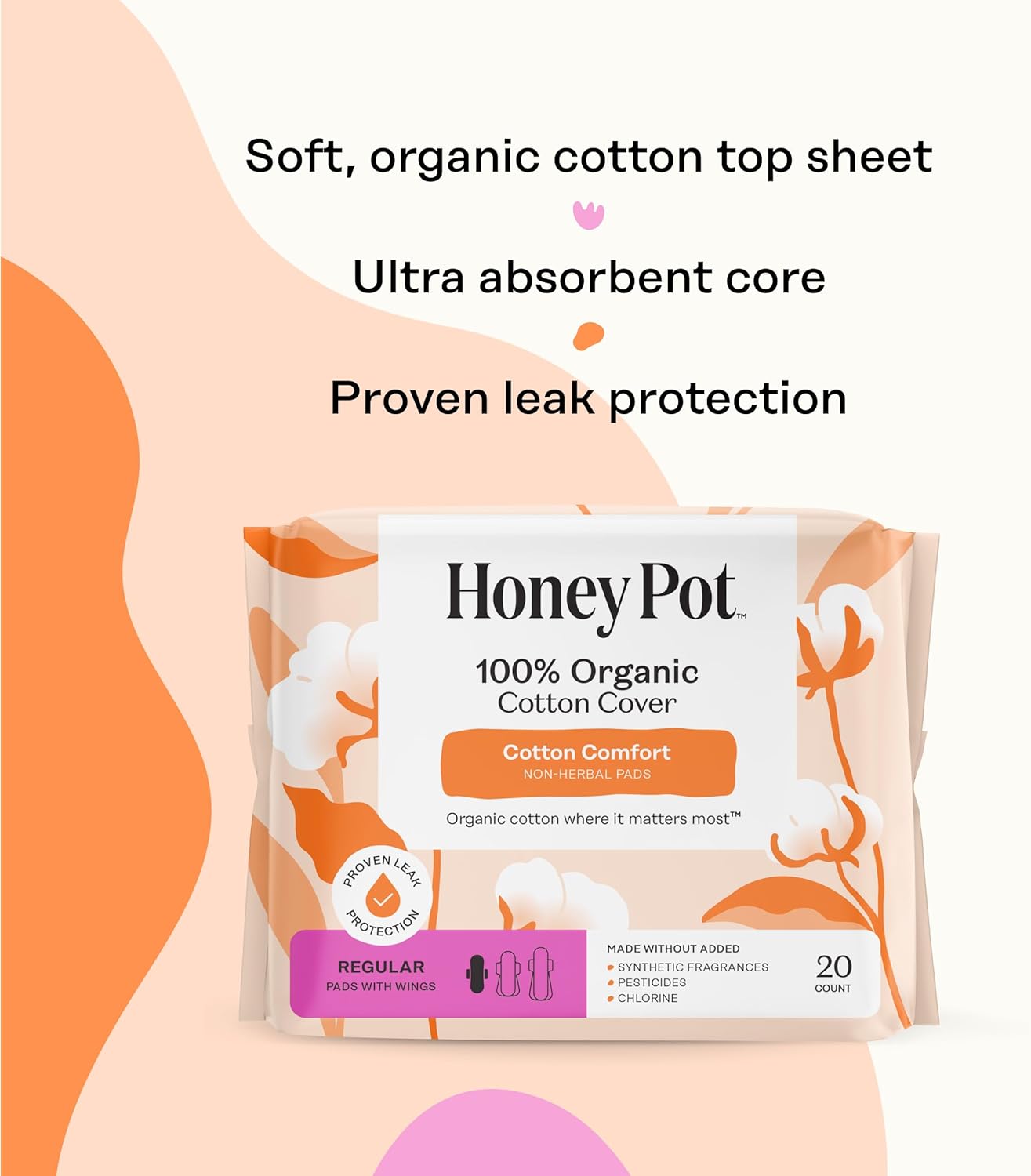 The Honey Pot Company - 80 ct - Sanitary Pads for Women - Non-Herbal Regular Flow w/Wings - Organic Cotton Cover & Ultra-Absorbent Pulp Core - Feminine Care