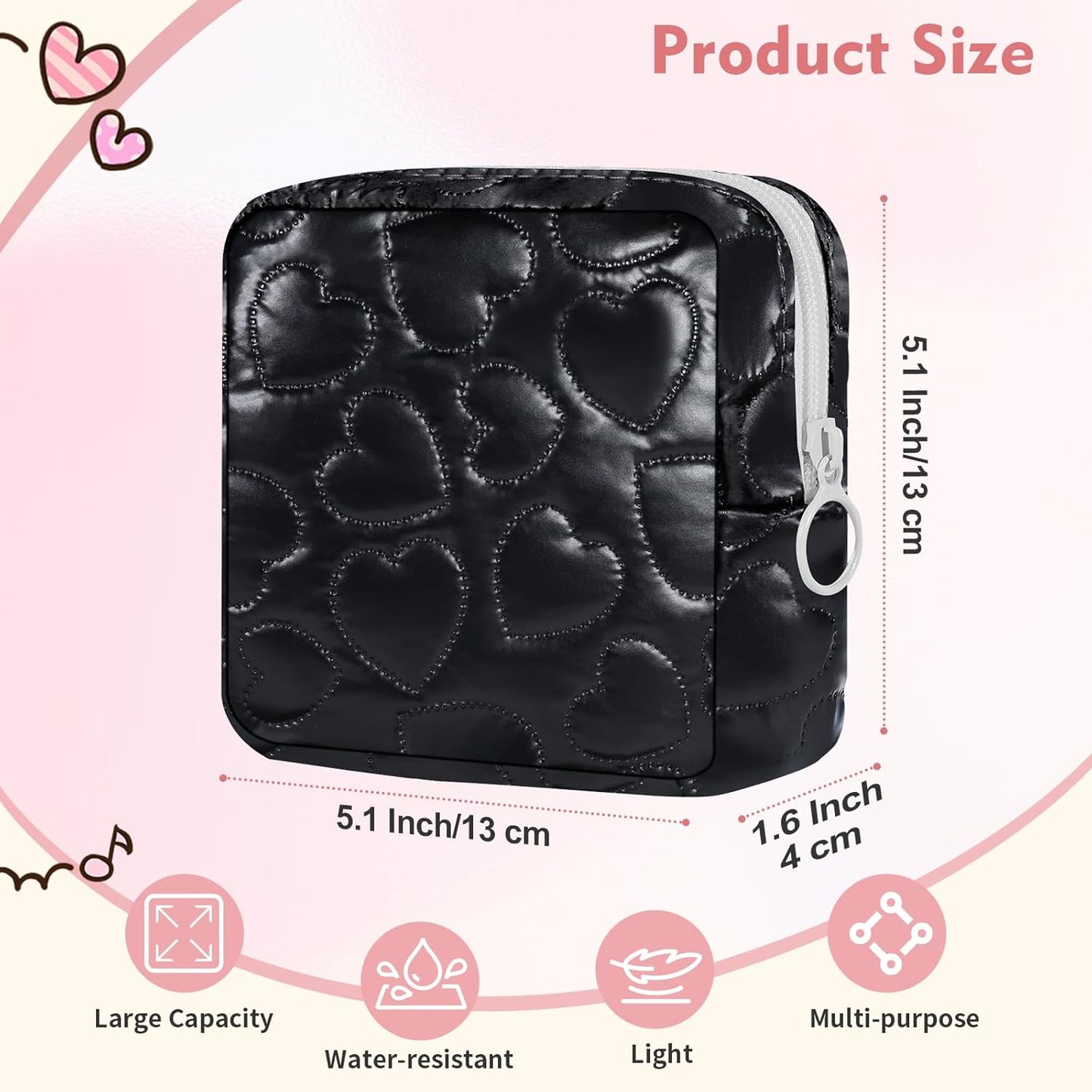 Sanitary Napkin Storage Bag Soft PU Leather Sanitary Pad Bags for Period Teen Period Pads Pouch for Panty Liners, Tampons, Menstrual Cup - Black