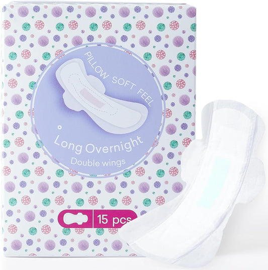 Teens Maxi Period Pads with Wings for Tweens, Organic Cotton Sanitary Pads for Teens Girls 9-14, Long Overnight Size, 15 CT