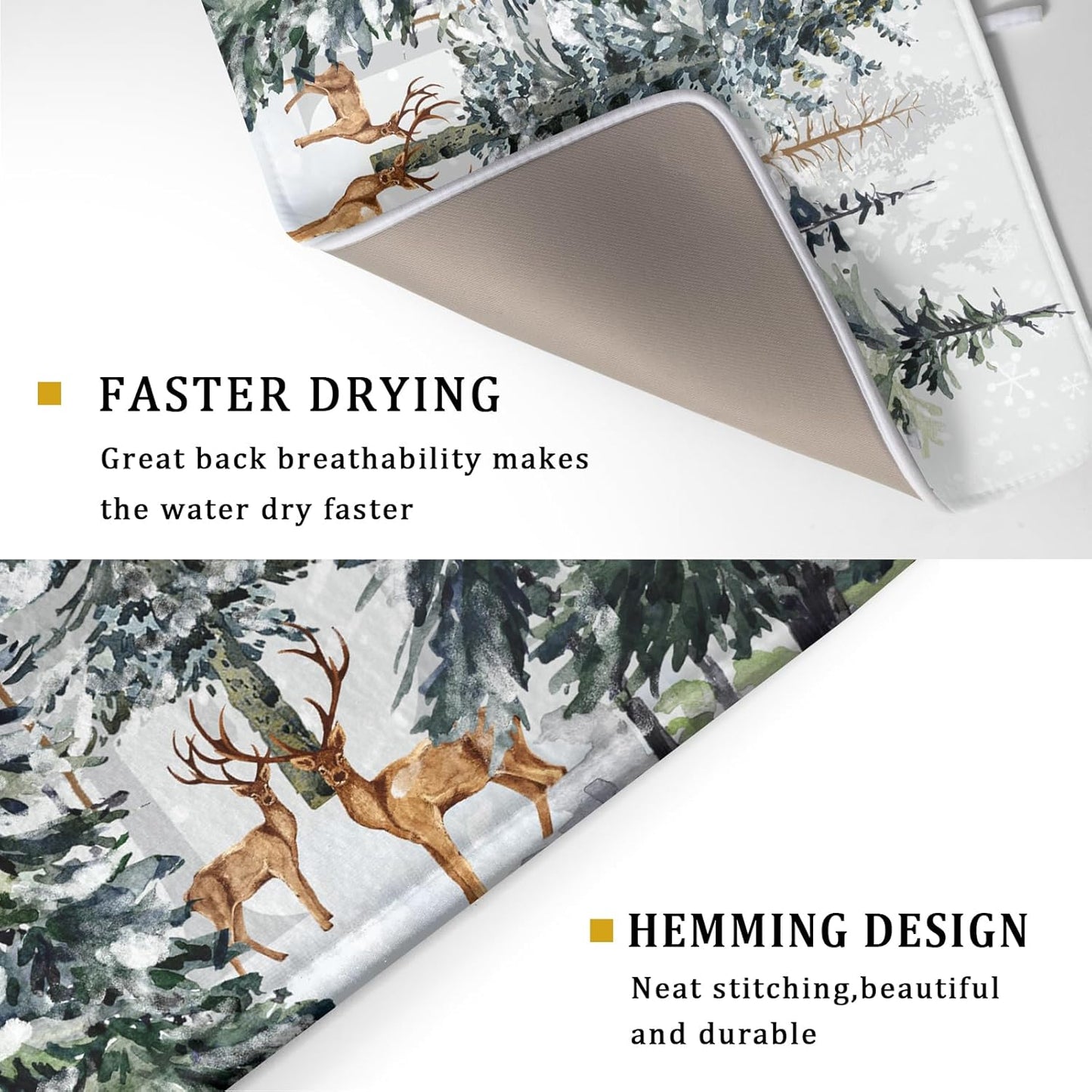 Pine Tree Dish Drying Mat for Kitchen Counter 18x24 Inch Forest Deer Absorbent Dishes Drainer Mats Reversible Microfiber Quick Dry Rack Pad