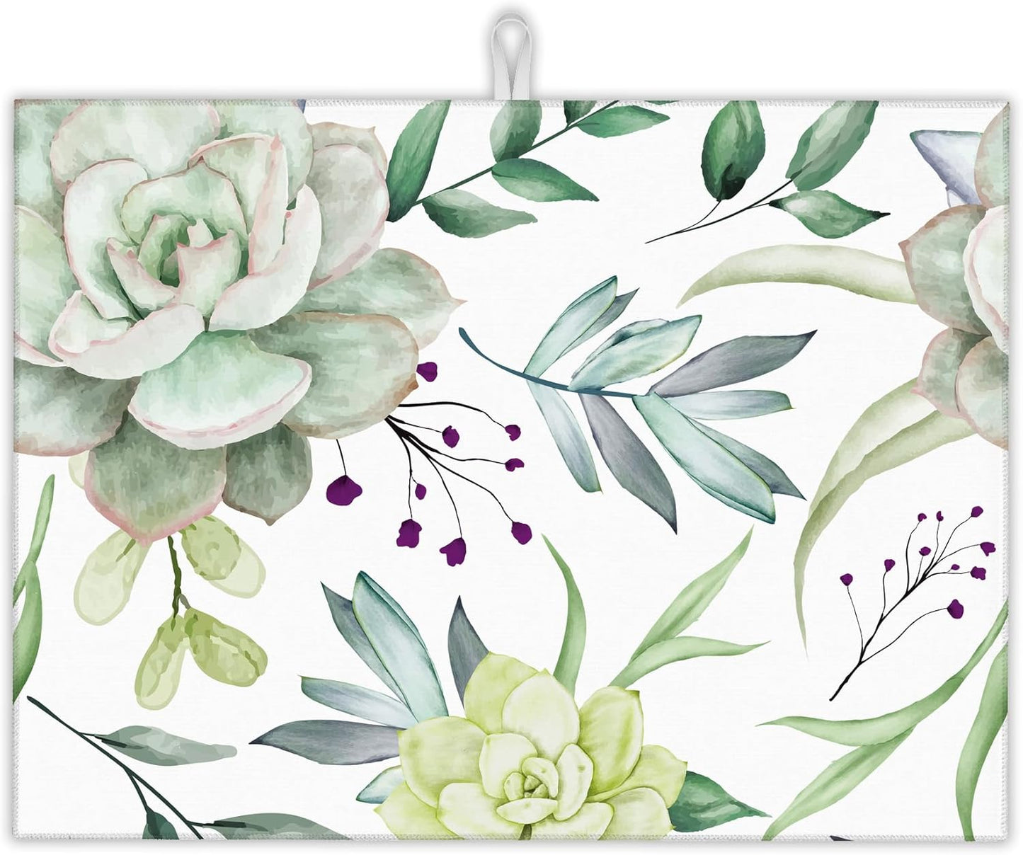 Succulent Flower Dish Drying Mat,Watercolor Plant Drying Rack Pad Countertop Dishes Ultra Absorbent Microfiber Kitchen Counter Mat for Coffee Countertop Decor 18x24 Inch