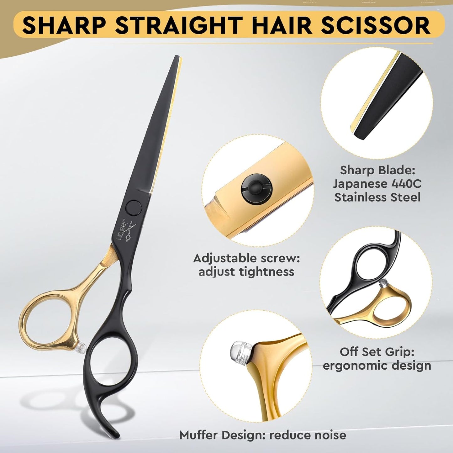 JASON Professional 10-Piece Haircut Scissors Set - 6.5" Thinning/Texturizing Scissors, Straight Shears for Men, Women & Home Salon (30 Teeth, Black & Gold)