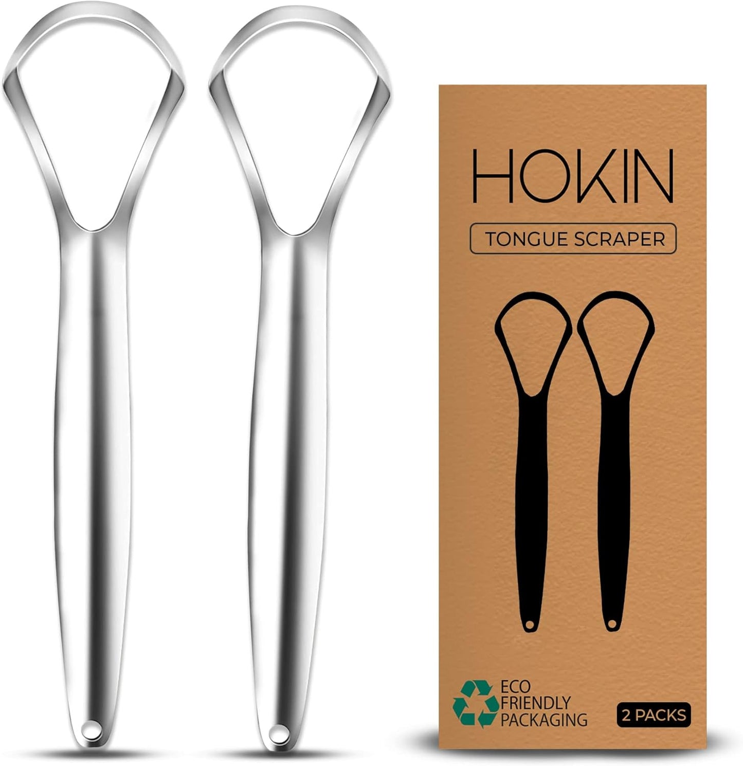 HOKIN Tongue Scraper for Adults with Travel Cases (2Pcs Oral Care Pack) - 100% Metal Spoon Shaped Tongue Cleaners, Tough Scrapers for Oral Hygiene