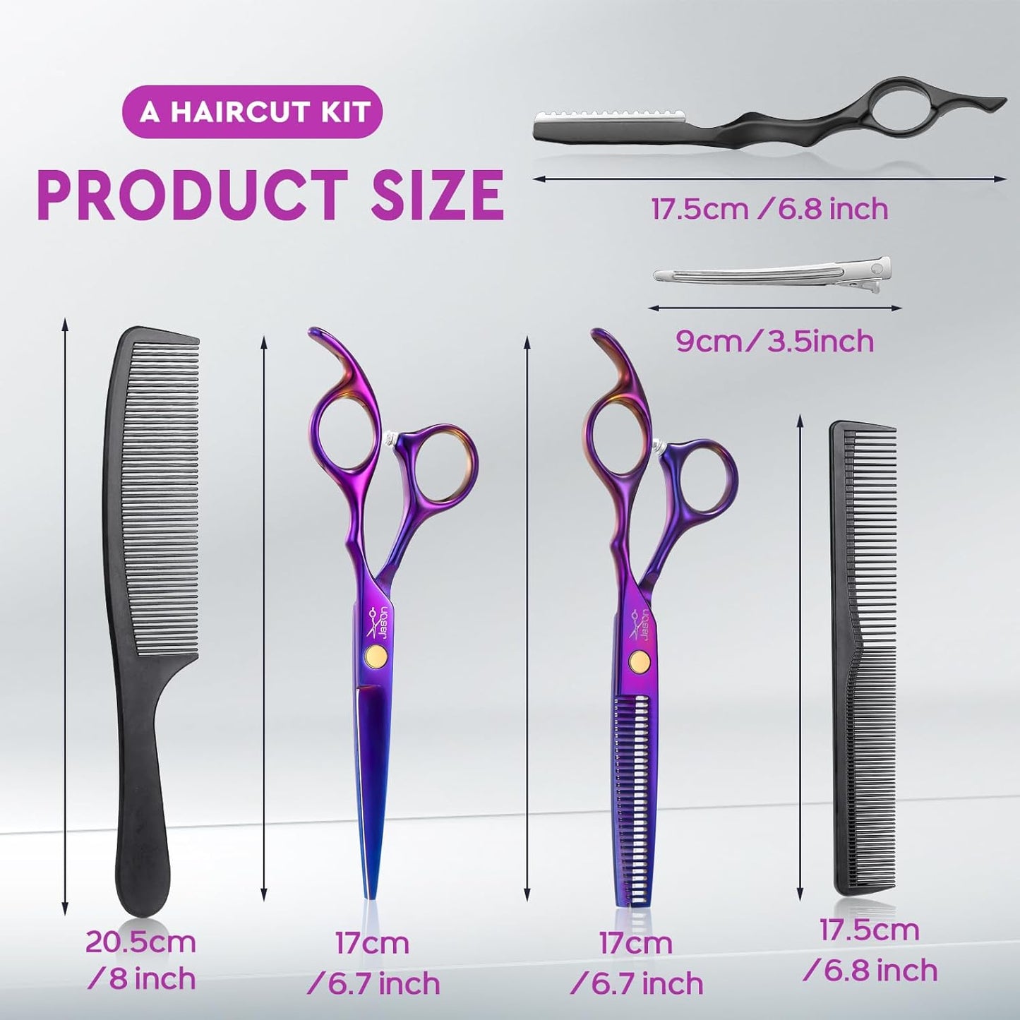 JASON Hair Scissors Professional - 10 PCS Haircut Scissors Set, Thinning Shears for Hair Cutting with 30 Teeth, Straight Shears for Men Women Home Salon Barber (6.7", Purple)