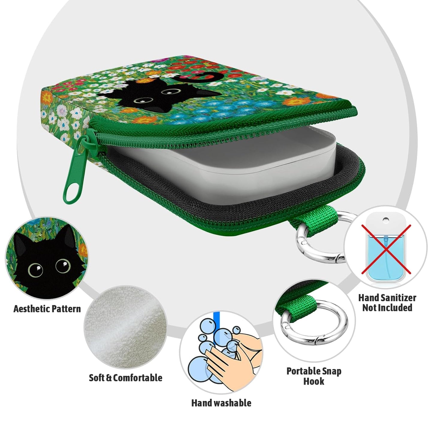Floral Black Cat Hand Sanitizer Spray Case, Cute Hand Sanitizer Holder Zippered Pouch, Fashion Accessory with Snap Hook for Glow Mist and Power Mist 1FL OZ