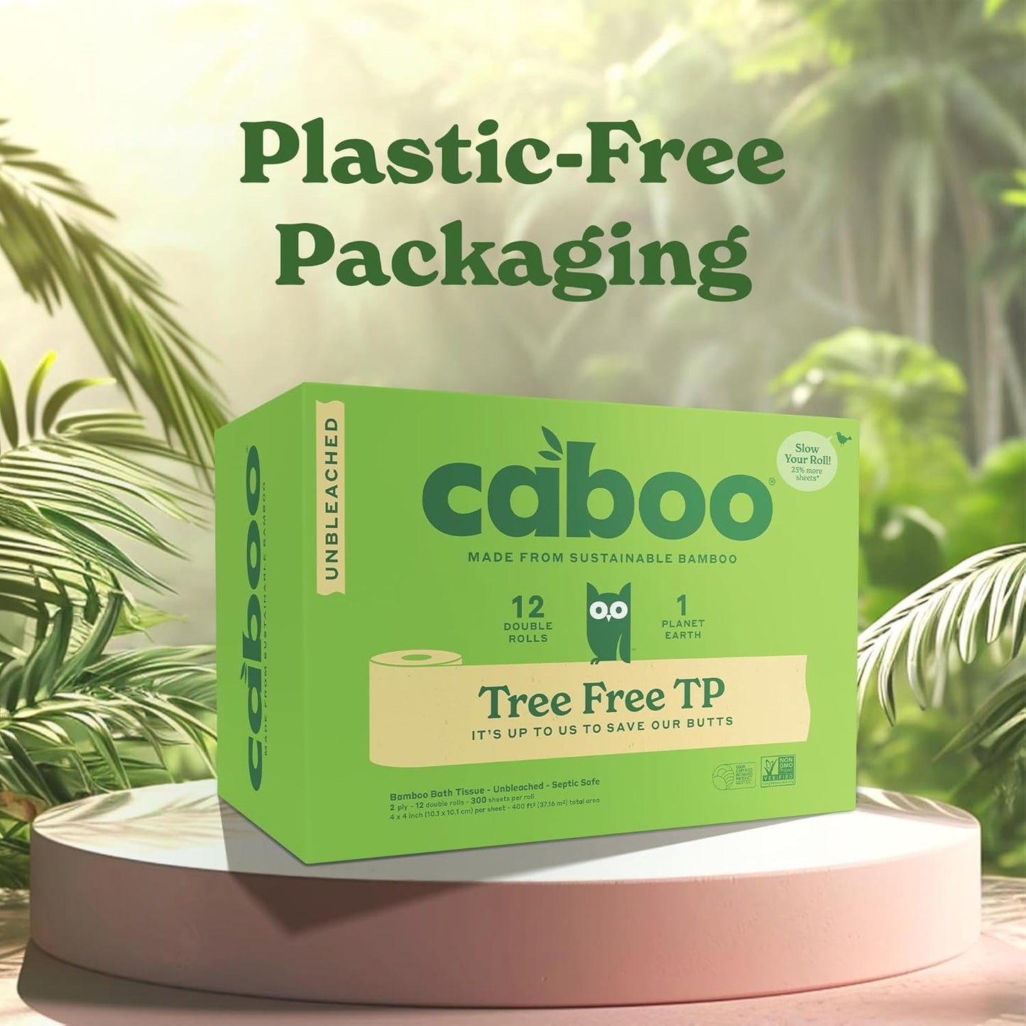 Caboo Tree Free Unbleached Toilet Paper | Plastic Free Packaging, Septic Safe, Eco Friendly, Chemical Free, Non Toxic | 2 Ply Toilet Tissue, Pack of 12 Double Rolls, 300 Sheets Per Roll