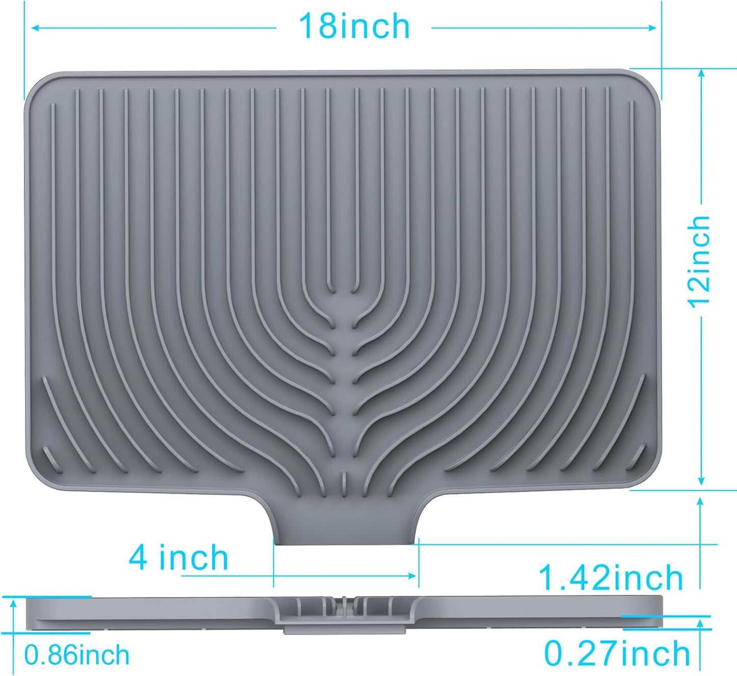 Kitchen Drying Mat for sink with a bulged edge,18"×12"Silicone Dish Drying Mat with built-in Drain Spout, Rubber Dish Mat for Kitchen (18"×12"gray)
