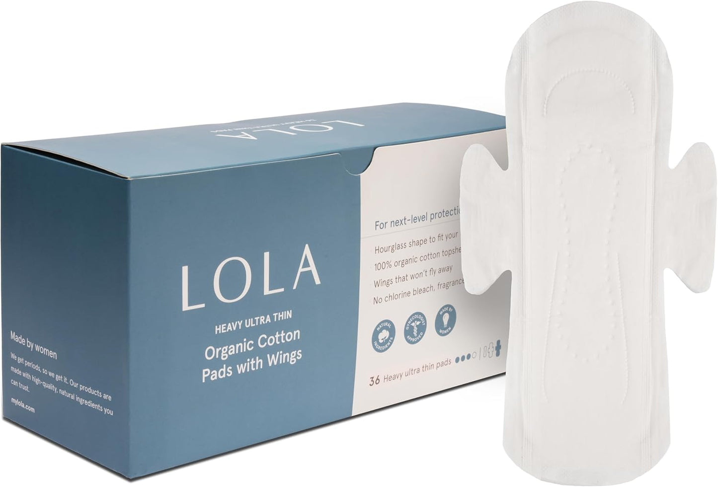LOLA Organic Cotton Pads, 36 Count - Ultra Thin Pad with Wings, Cotton Organic Pads for Women, HSA FSA Approved Products Feminine Care, Heavy