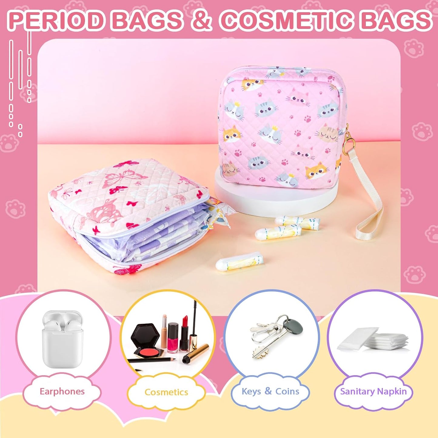 Tampon Holder for Purse, Quilted Period Bag Sanitary Napkin Storage Bag for Girls Womens, Portable Feminine Emergency Pad Period Pouch(Pink Cat)