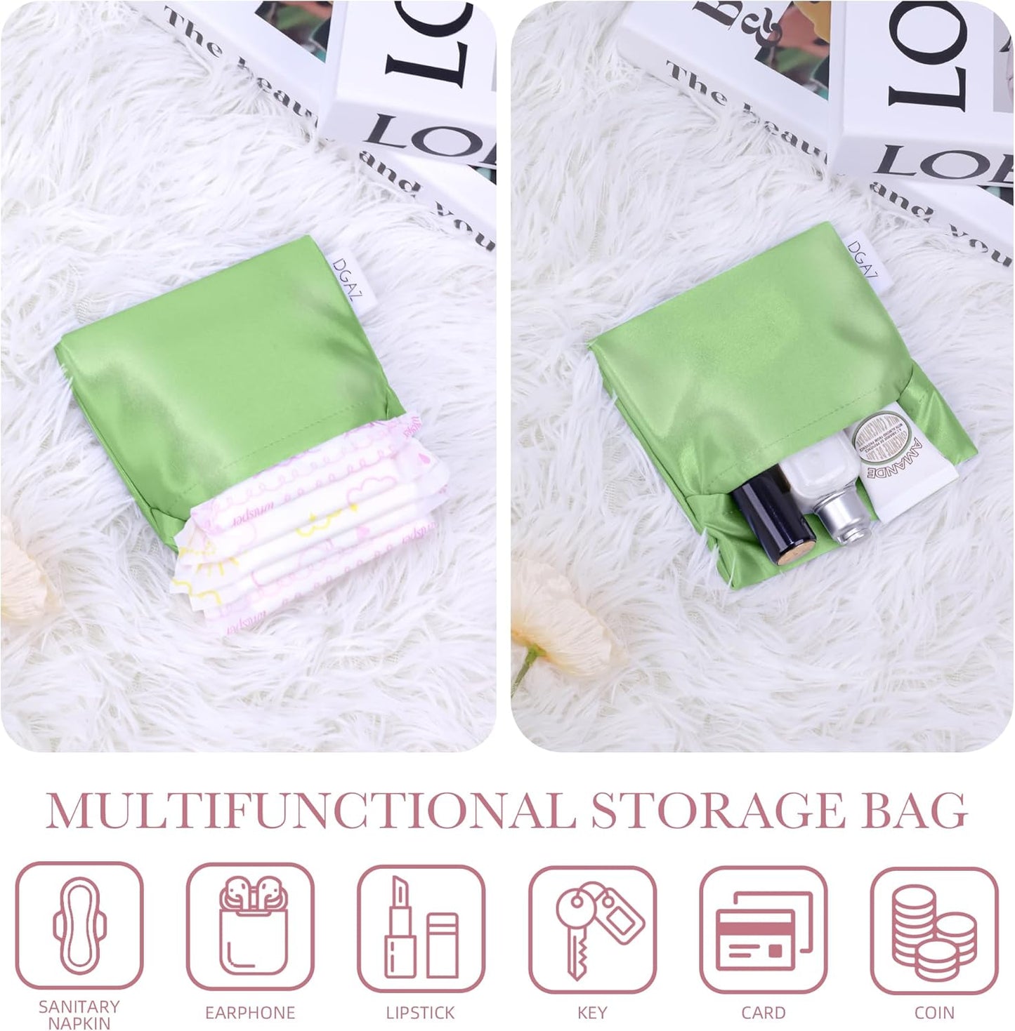 DGAZ Silk Sanitary Napkin Storage Bag, Period Bag for Teen Aged Girls, Portable Period Bag for Panty Liners/Menstrual Cup/Small Tampons，Mini Makeup Bag for Purse(Vert Criquet)