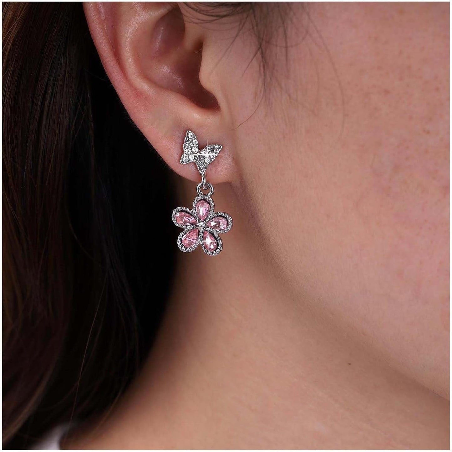 Vintage Pink Crystal Flower Earrings Butterfly Flower Drop Earrings Silver Rhinestone Butterfly Stud Earrings Pink Gemstone Butterfly Earrings Jewelry for Women