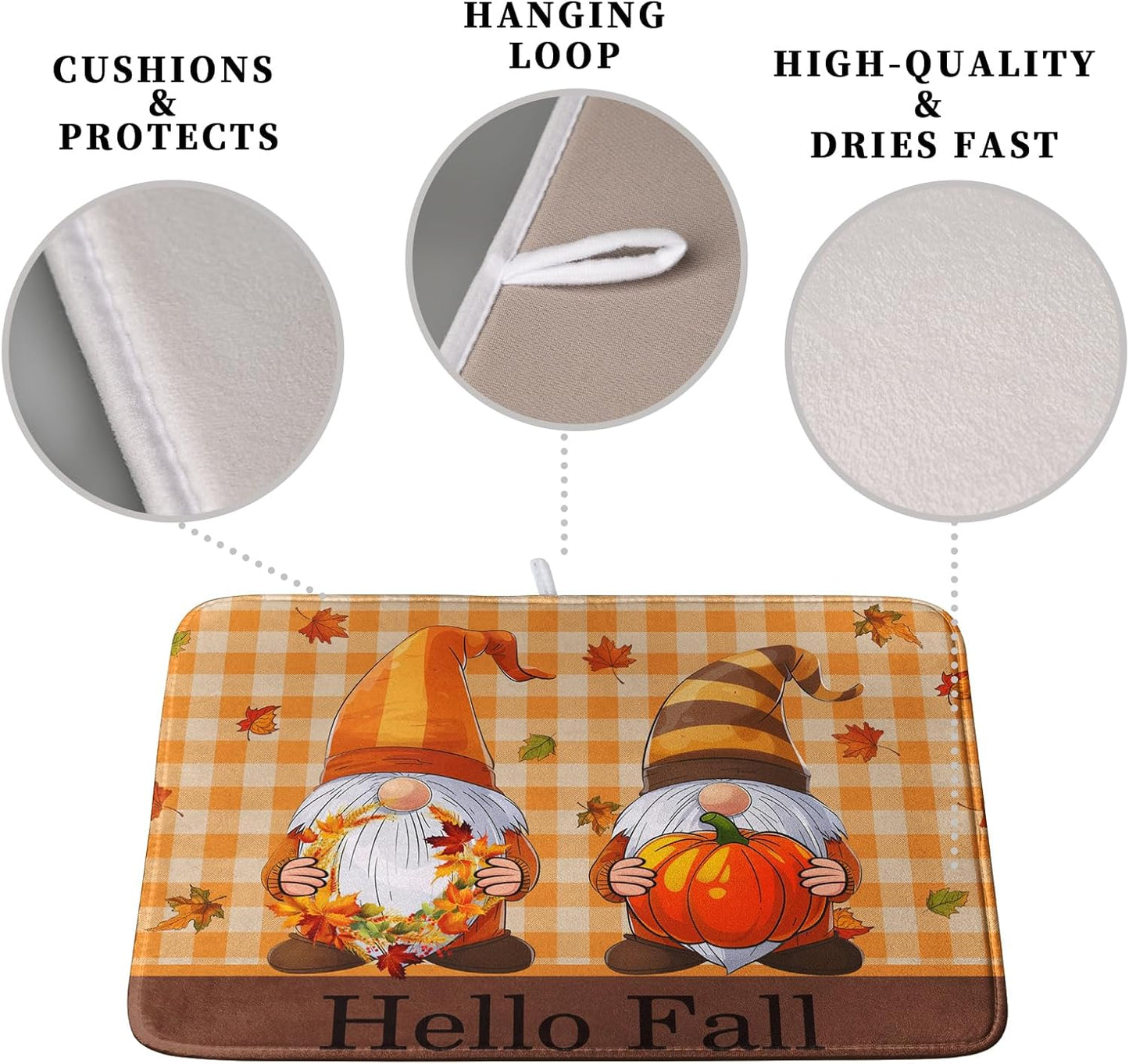 Hello Fall Autumn Gnomes Dish Drying Mat 16x18 Thanksgiving Pumpkin Maple Leaves Harvest Kitchen Drying Mat Orange White Buffalo Plaid Dish Drainer Mat Ultra Absorbent Dish Rack Pad for Coffee Bar