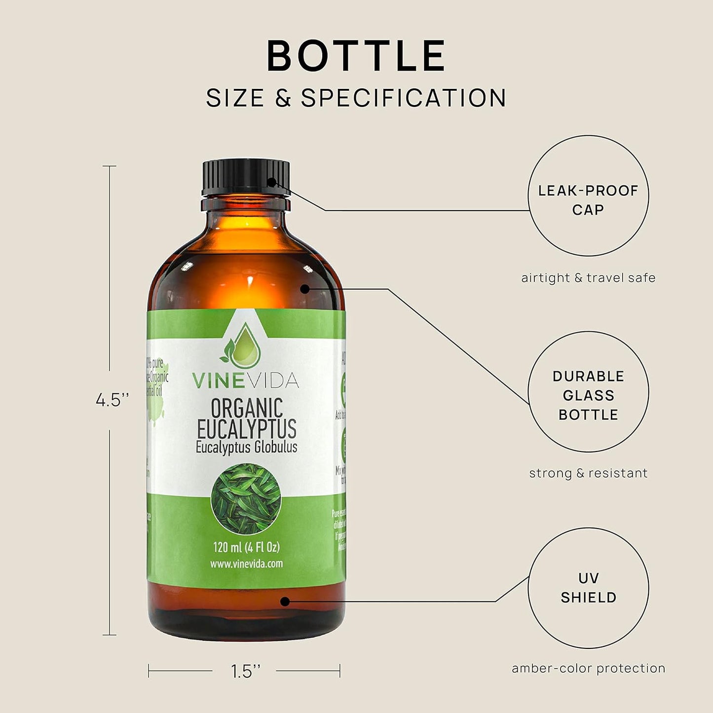 VINEVIDA Organic Eucalyptus Essential Oil 4 oz - Undiluted Organic Eucalyptus Oil 4 oz - Organic Eucalyptus Candle Oil Scent - DIY Candle Scents for Candlemaking - Bulk Essential Oil for Soap Making