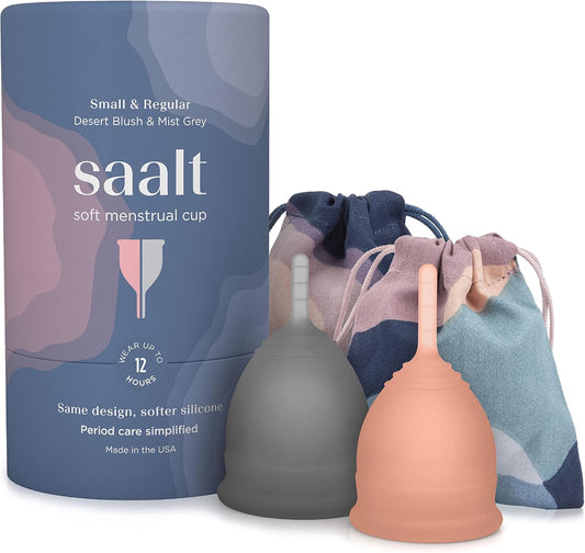 Saalt Soft Menstrual Cup – Reusable Period Cup – Made for Comfortable, Leak-Free Protection Up to 12 Hours – BPA & Latex Free – Includes Cup & Carry Bag (Regular Grey/Small Desert Blush)