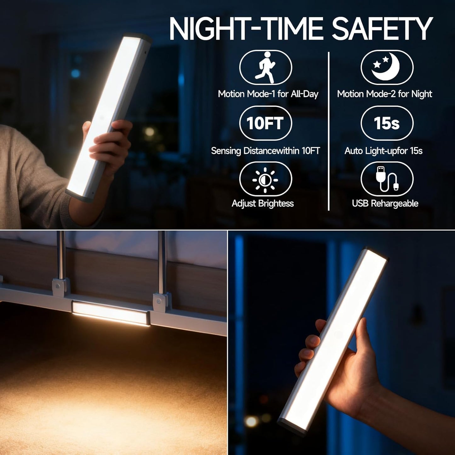 Bed Rails for Elderly Adults Safety, Folding Assist Handle with Motion Sensor Light, Fall Prevention Guard for Seniors & Surgery Patients, Fits Twin, Queen & King Beds, Tool-Free Assembly