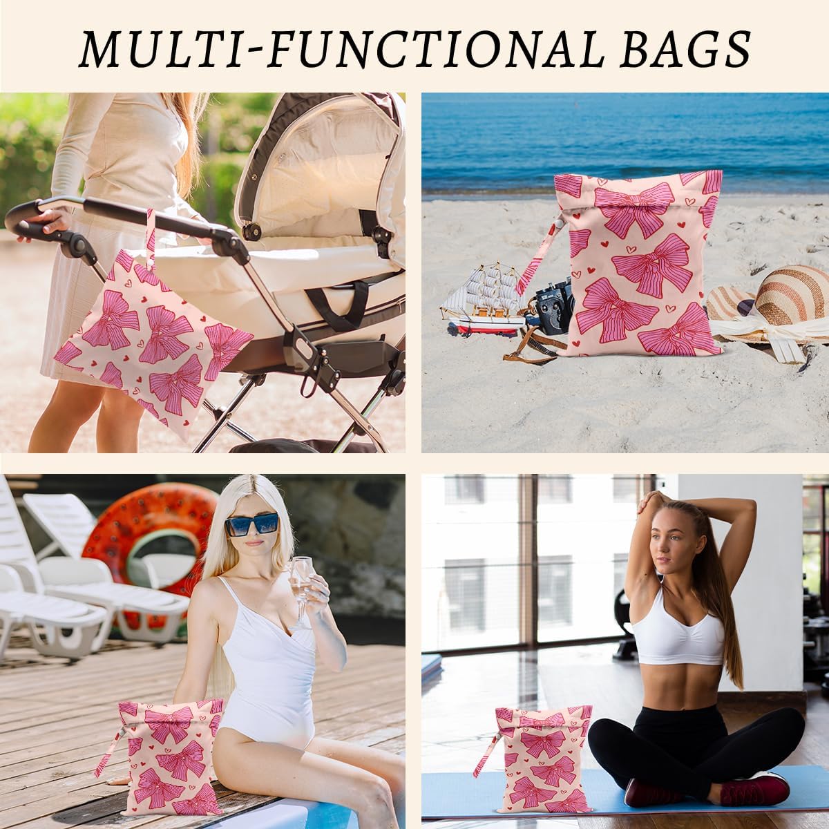 Pink Bow Wet Bags 12x10 Inch, Heart Waterproof Reusable Wet Dry Bags, Bow Tie Washable Travel Laundry Bag for Swimsuit Pool Beach Diapers Dirty Yoga Gym Clothes, Pink Gifts for Women Friend Travelers