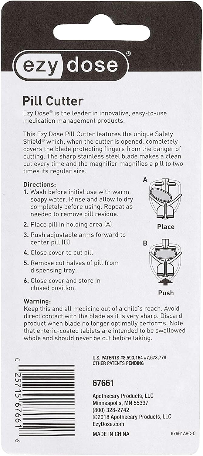EZY DOSE Pill Cutter with Safety Shield and Magnifier, Daily Usage, Safely Cut Pills and Vitamins, Accurate and Easy Cutting, Color May Vary, BPA Free