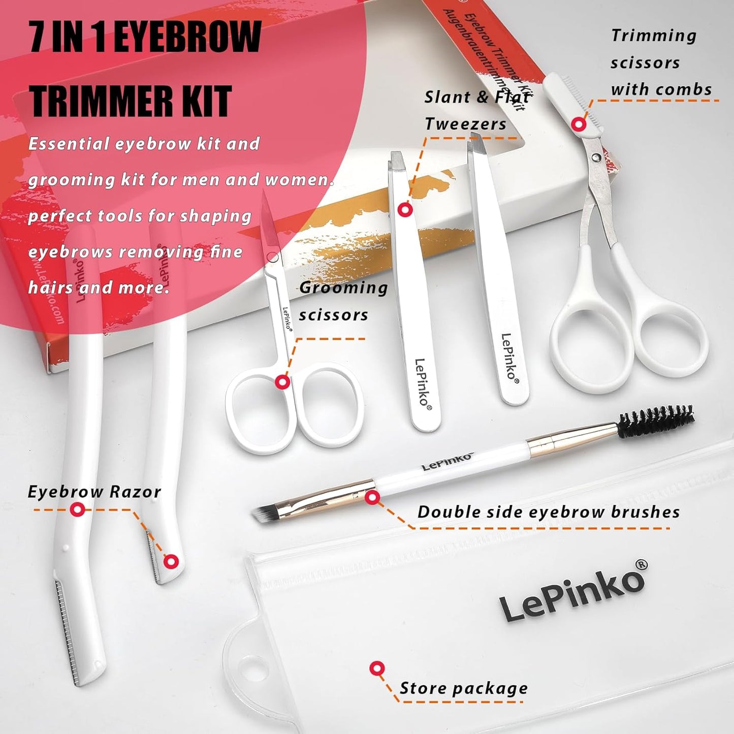 Eyebrow Trimmer Kit, 7 in 1 Eyebrow Scissors, Tweezer, Razor, Gromming Scissors Brush for Women Men, Gifts for Stocking Stuffers - White